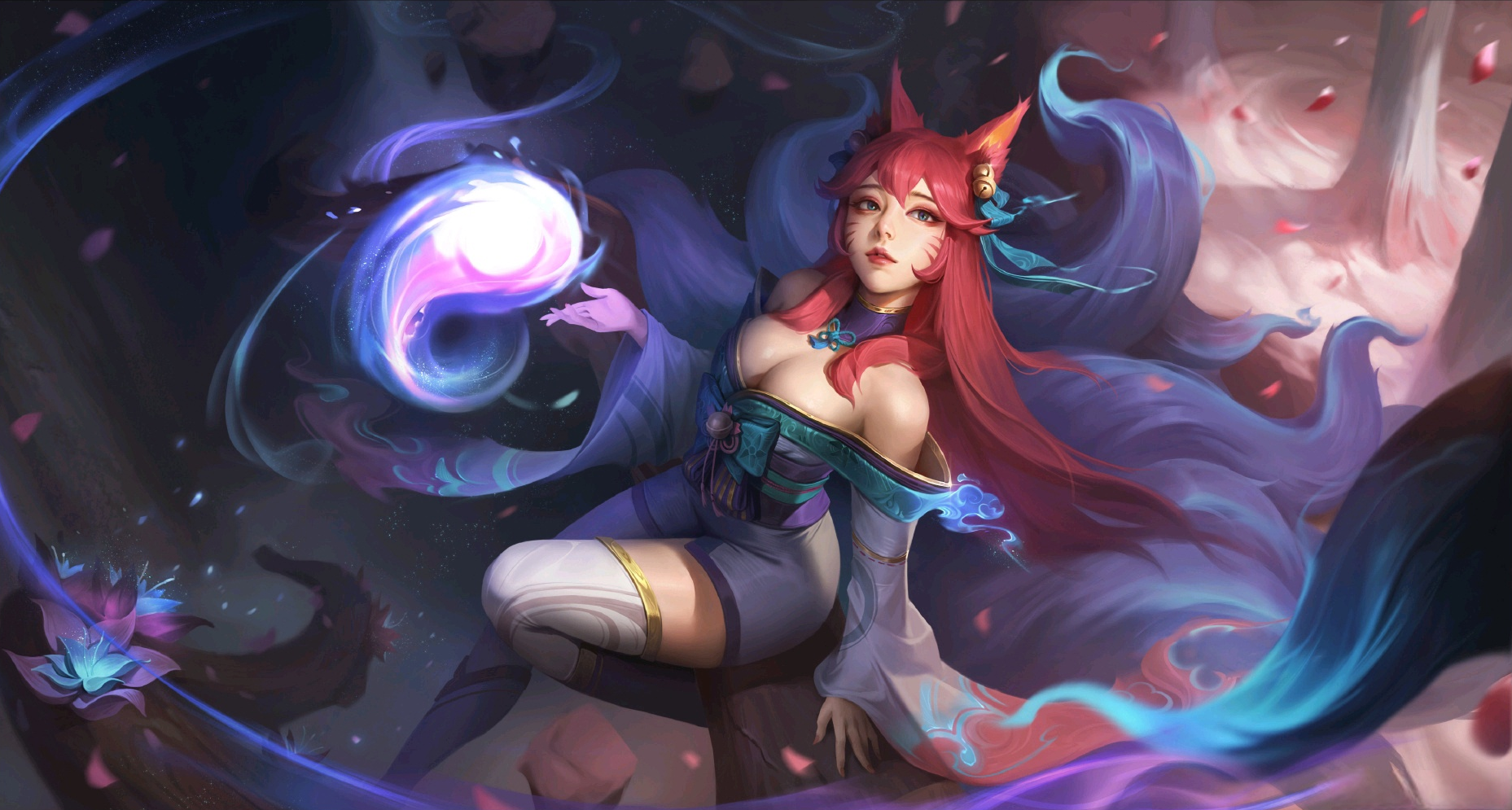 General 1857x995 Ahri (League of Legends) spirit blossom Riot Games League of Legends fox girl fox ears fox tail cleavage long hair redhead looking at viewer video game characters video game art petals video games blue eyes
