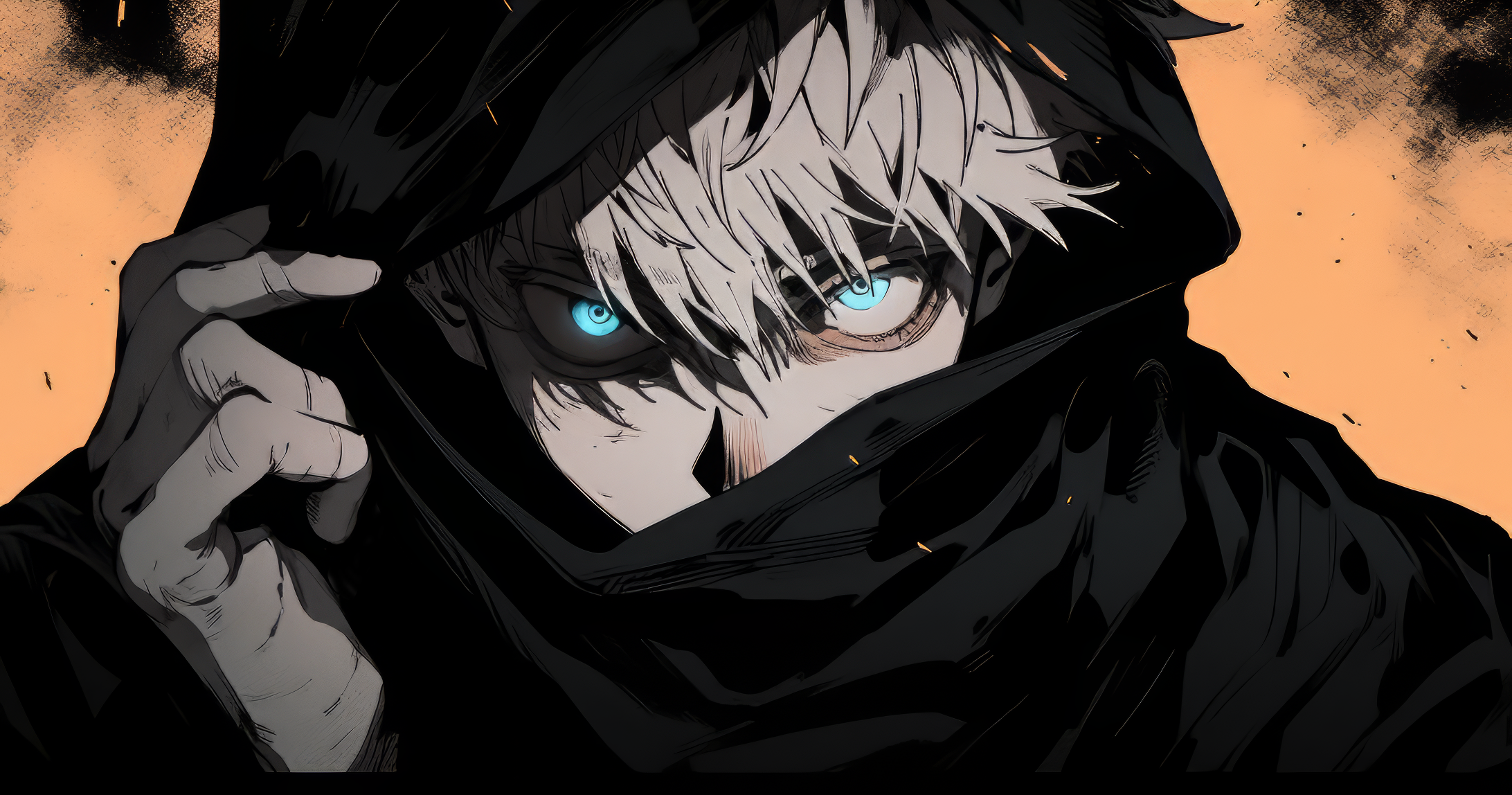 Anime 2184x1148 anime boys glowing eyes looking at viewer blue eyes Jujutsu Kaisen hoods Satoru Gojo