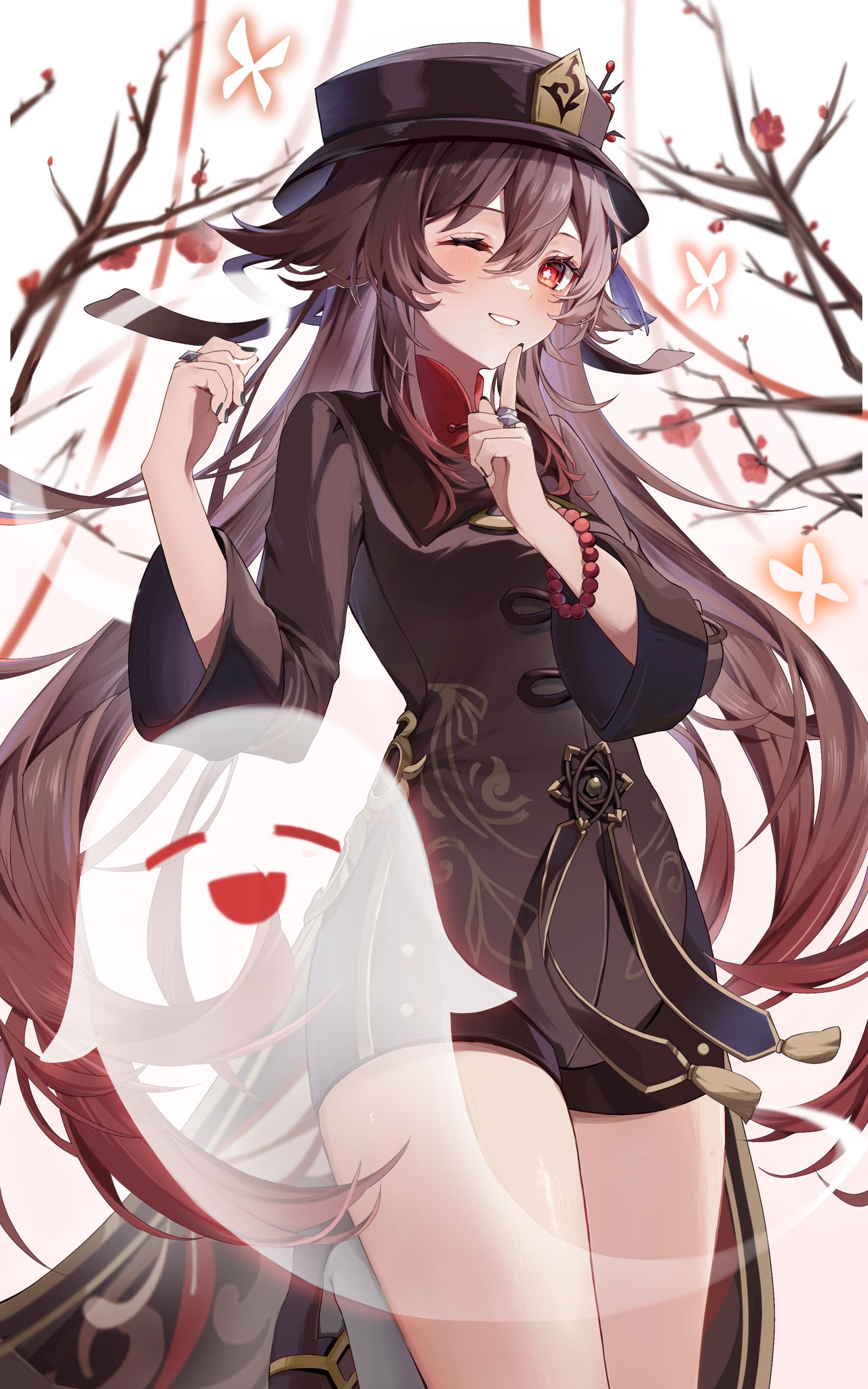 Anime 1280x2048 anime anime girls Hu Tao (Genshin Impact) Genshin Impact hat long hair one eye closed ghost branch smiling looking at viewer blushing brunette red eyes portrait display butterfly insect