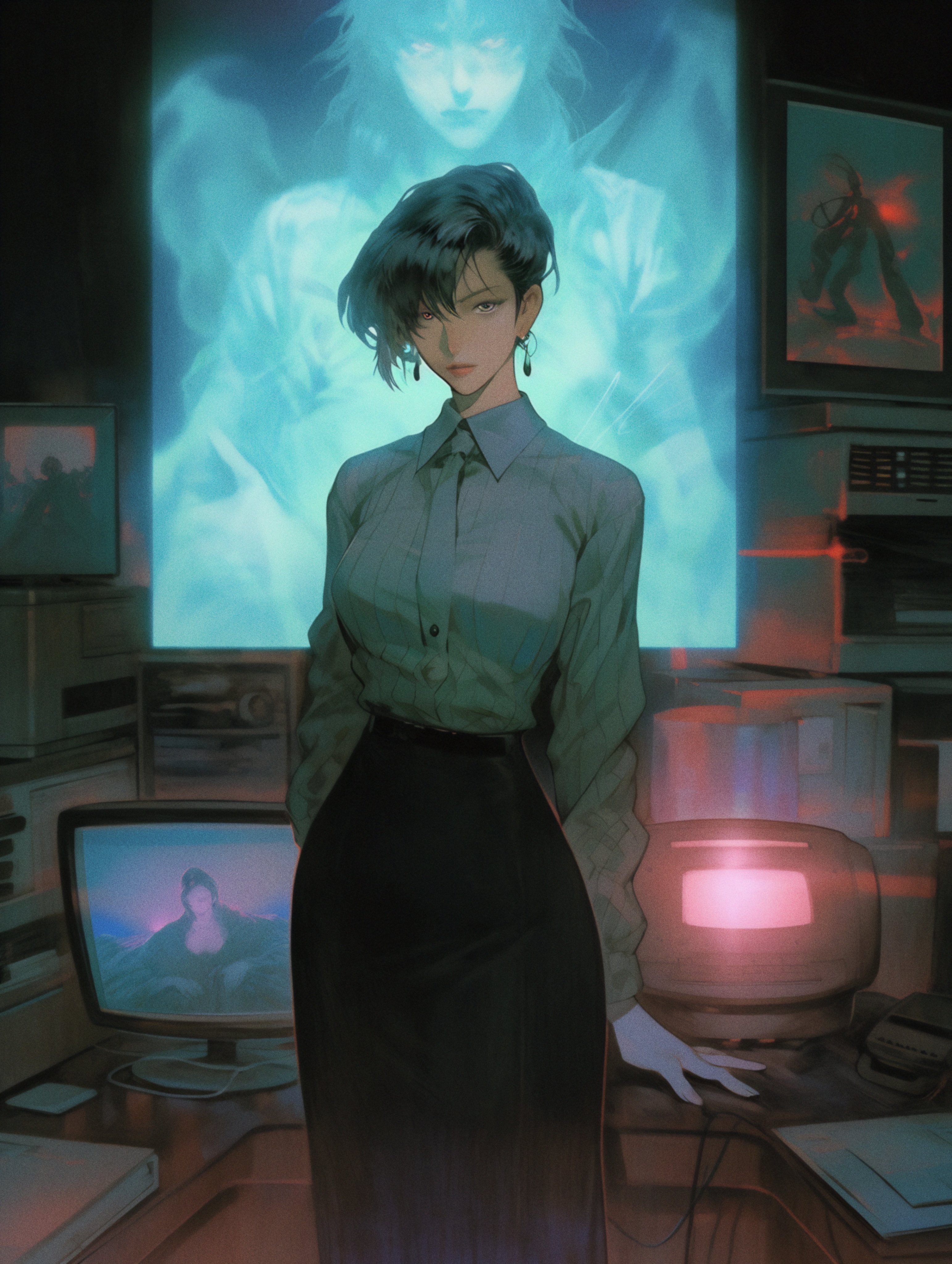 Anime 3086x4096 axynchro retro style anime girls portrait display standing technology looking at viewer short hair AI art