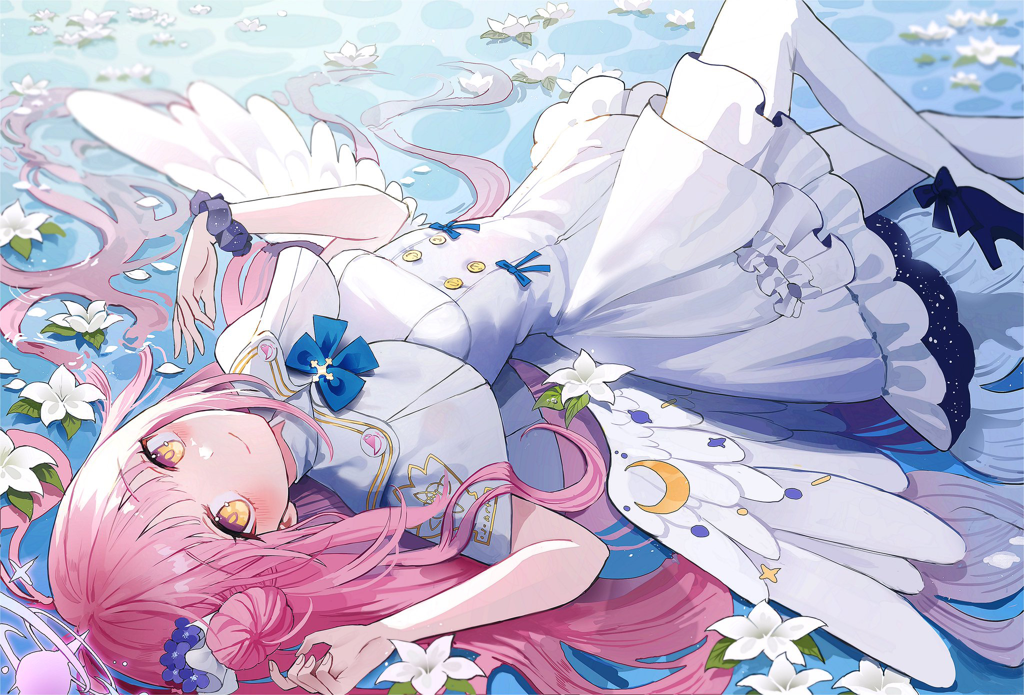 Anime 2048x1391 anime anime girls Blue Archive Misono Mika lying down lying on back smiling long hair wings flowers petals pink hair looking at viewer blushing bow tie hairbun water sunlight yellow eyes