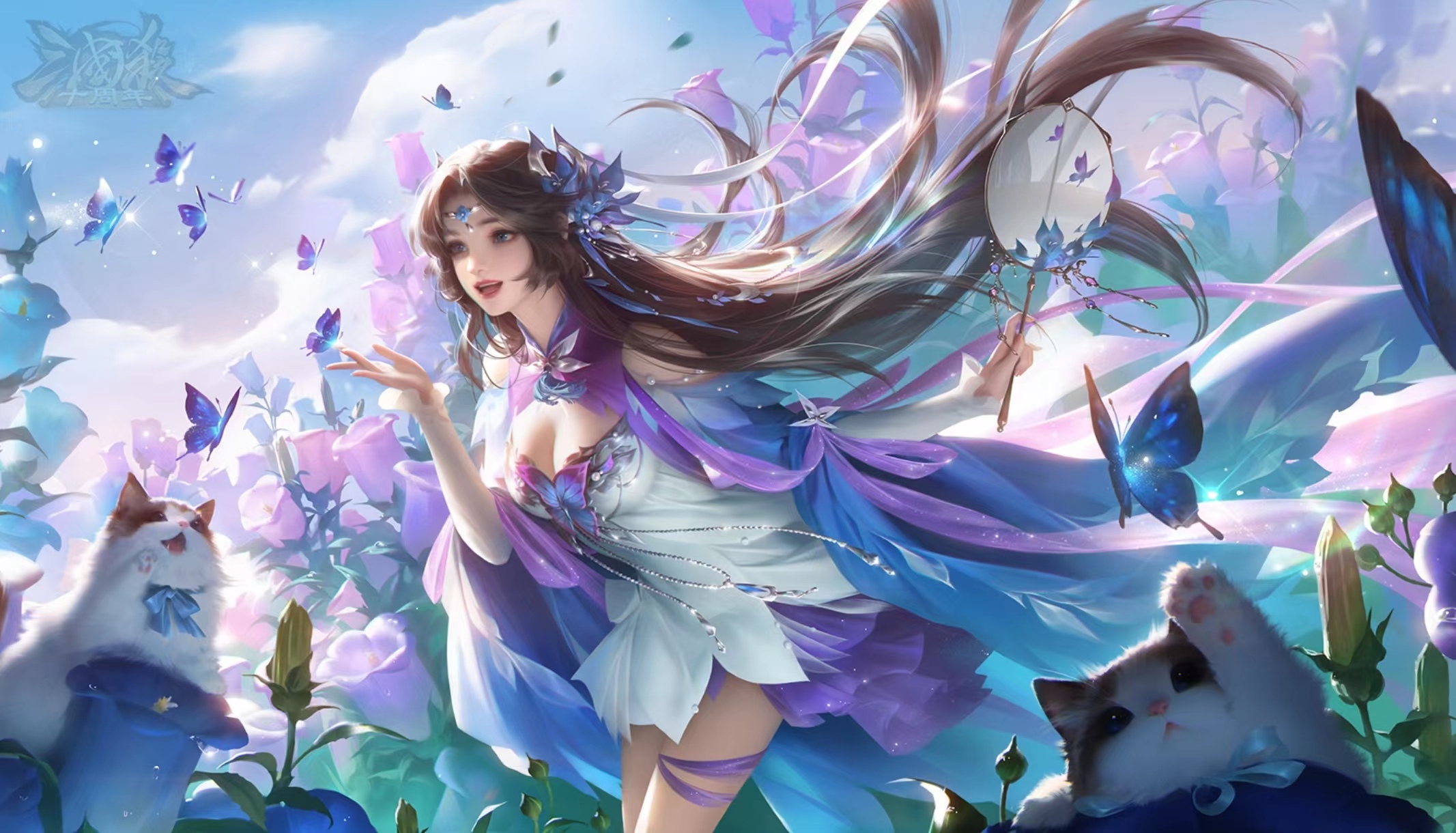 Anime 2133x1220 anime anime girls sanguosha long hair Three Kingdoms dress video game characters sky video game art clouds butterfly insect flowers cats animals sunlight cleavage fans leaves