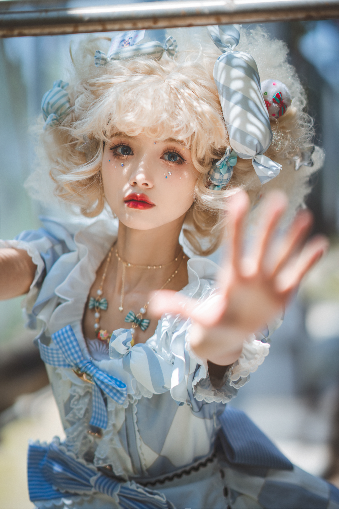 People 1080x1620 maozizi lolita fashion Asian Cinnamoroll portrait display women looking at viewer blonde red lipstick sunlight hair ornament collarbone short sleeves dress parted lips lipstick cosplay