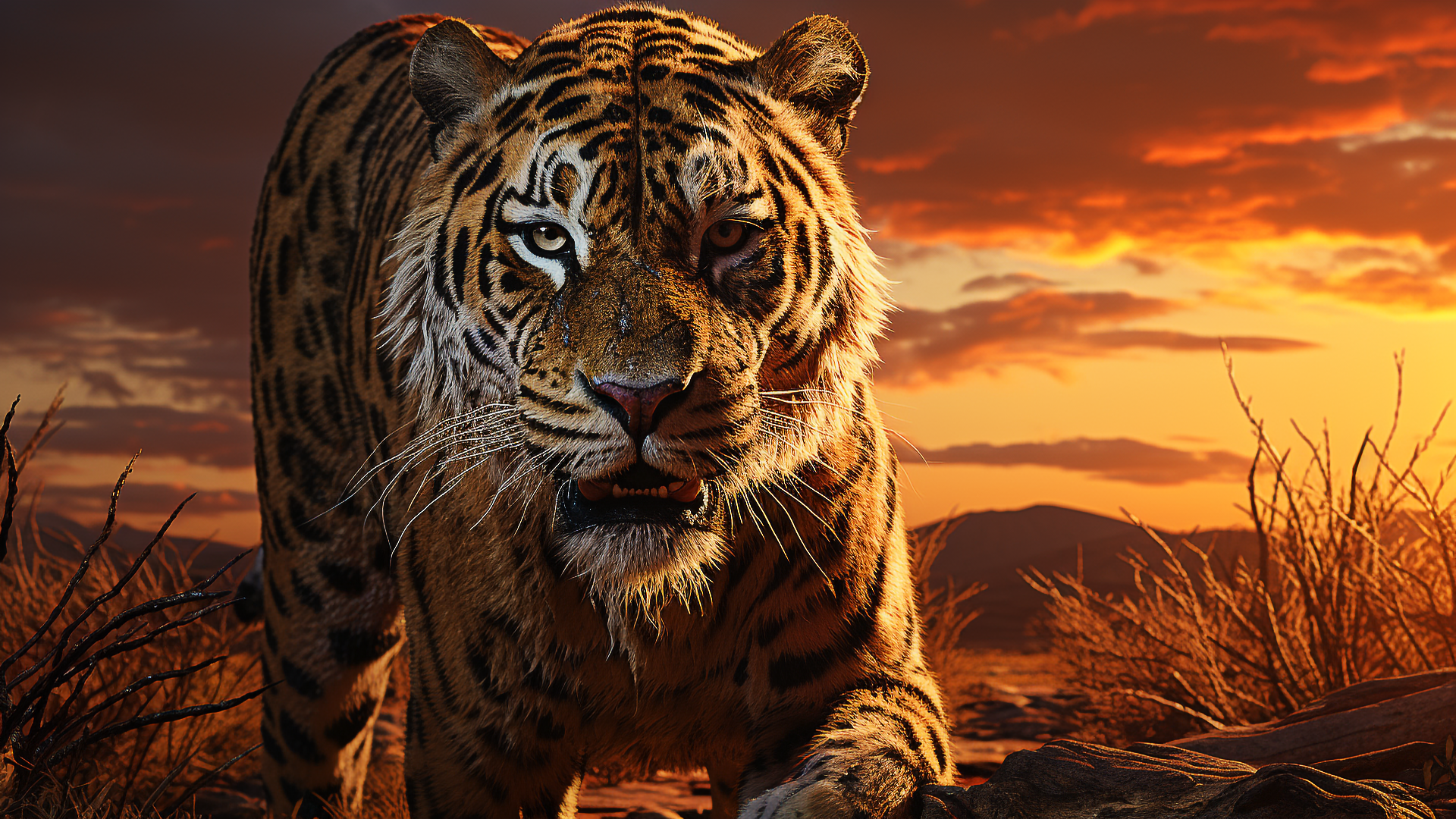 General 1920x1080 AI art tiger animals wildlife looking at viewer sunset sunset glow digital art clouds sky whiskers fur sunlight