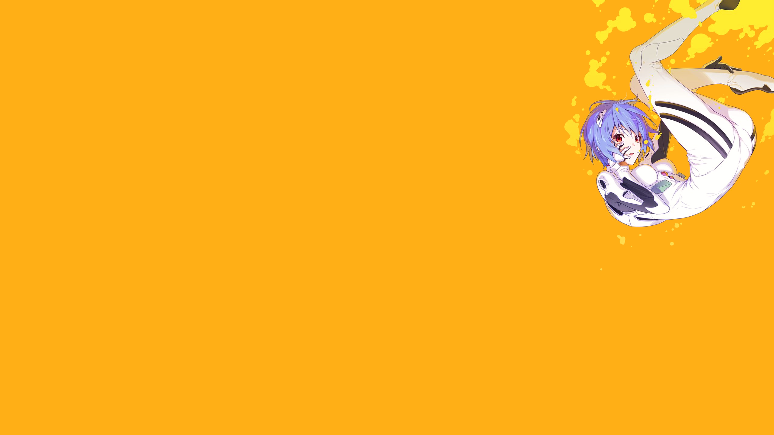 Anime 2560x1440 Ayanami Rei blue hair short hair anime girls Neon Genesis Evangelion yellow background red eyes underwater tight clothing bodysuit white bodysuit bangs blunt bangs bubbles tears splashes minimalism hand on face plugsuit looking at viewer simple background