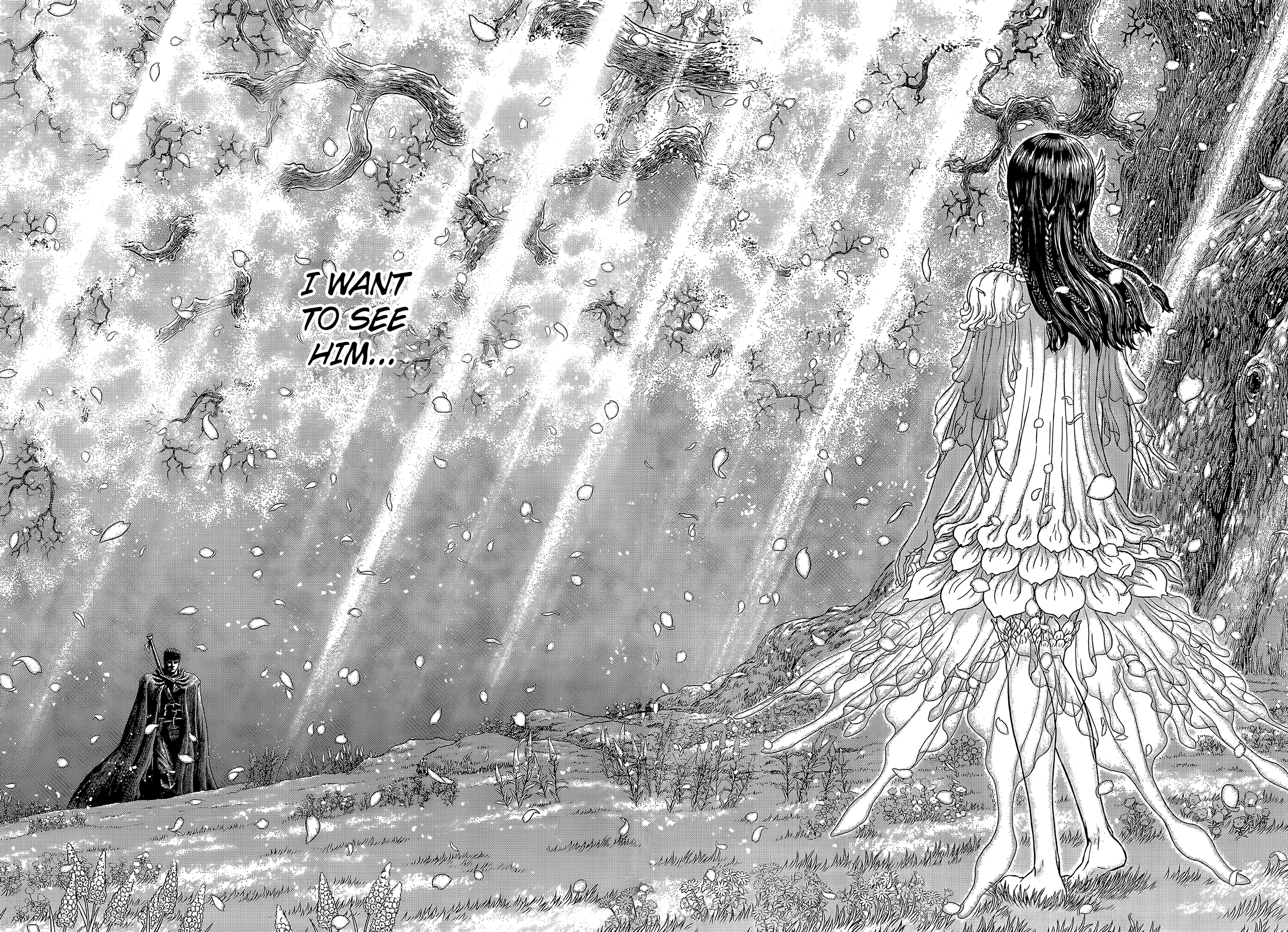 Anime 2210x1600 Berserk Guts Casca anime men anime girls sunlight monochrome manga petals grass cape flowers Kentaro Miura