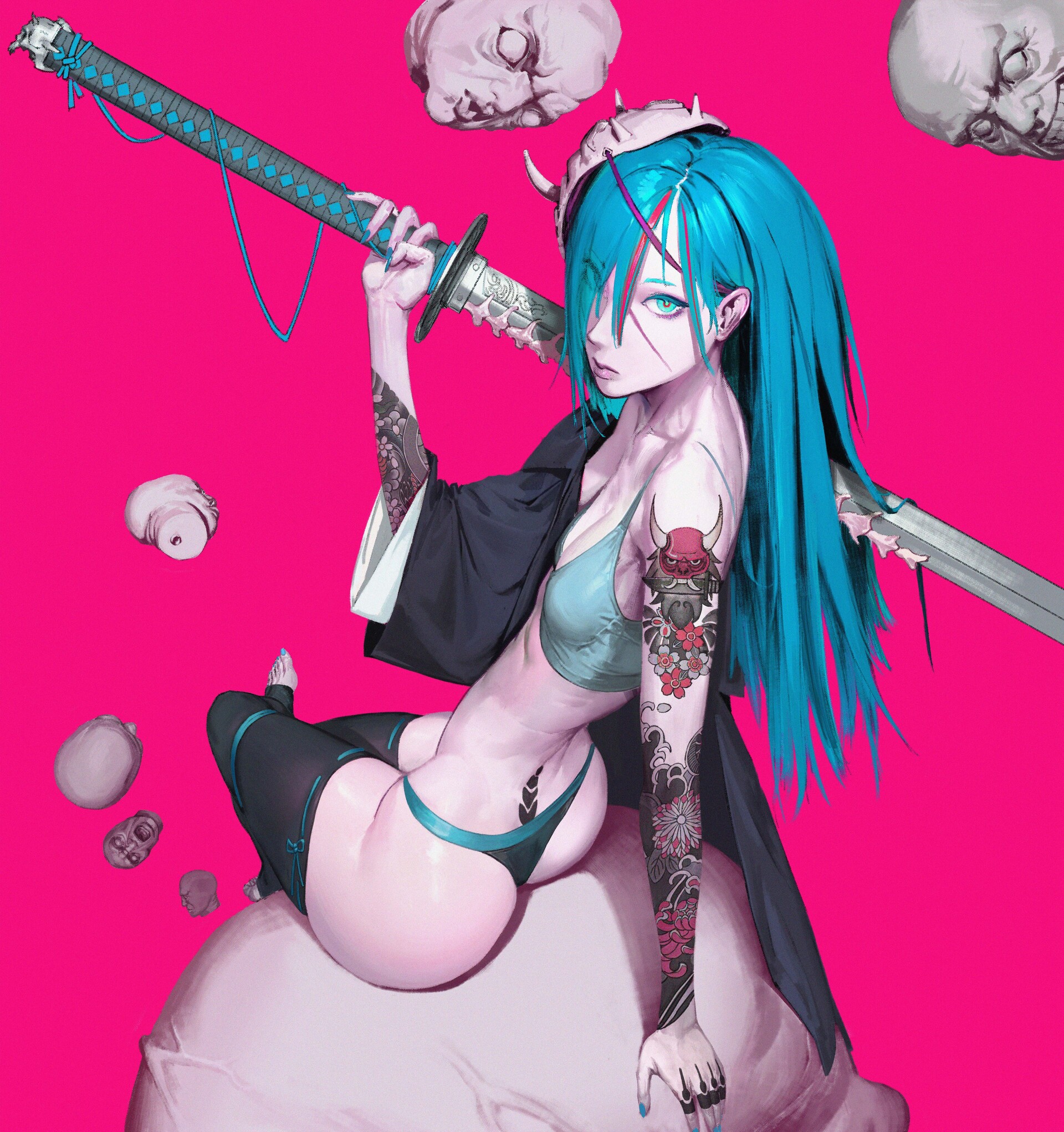 General 1920x2041 William X-A drawing women blue hair katana pink tattoo portrait display weapon ass underwear long hair minimalism simple background sitting pink background looking at viewer