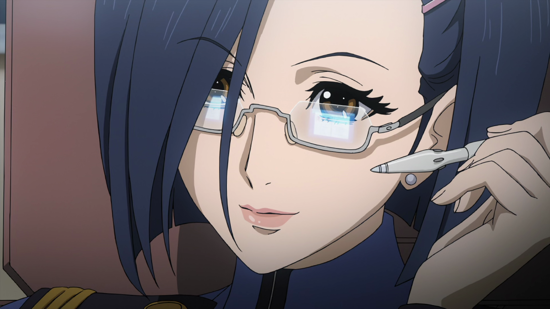 Anime 1920x1080 Space Battleship Yamato 2199 blue hair Anime screenshot brown eyes glasses smiling pens Kaoru Niimi earring anime anime girls ear piercing short hair