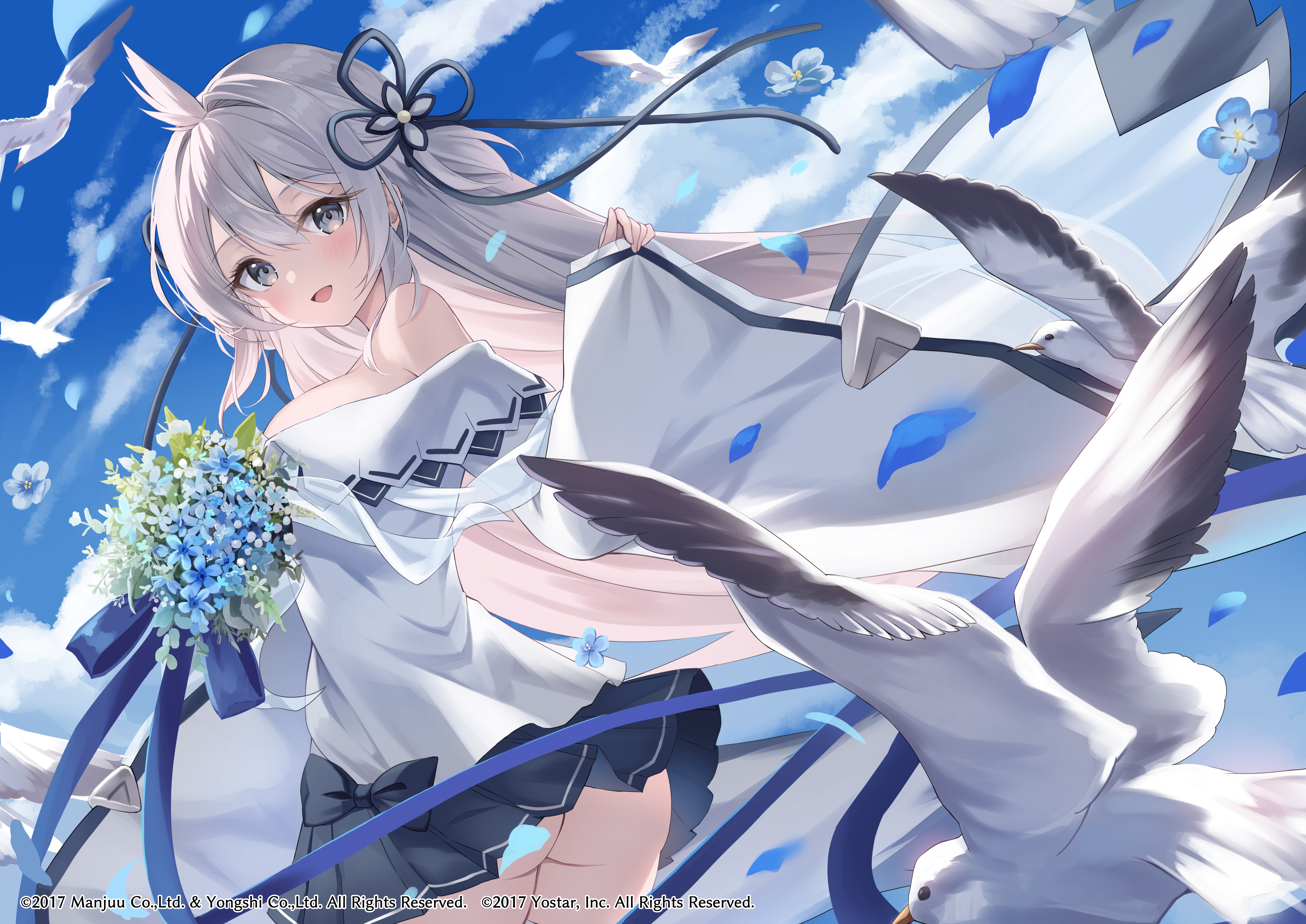 Anime 5000x3537 anime anime girls white hair birds flowers sky big boobs animals clouds long hair looking at viewer blushing watermarked ass petals silver eyes wind skirt