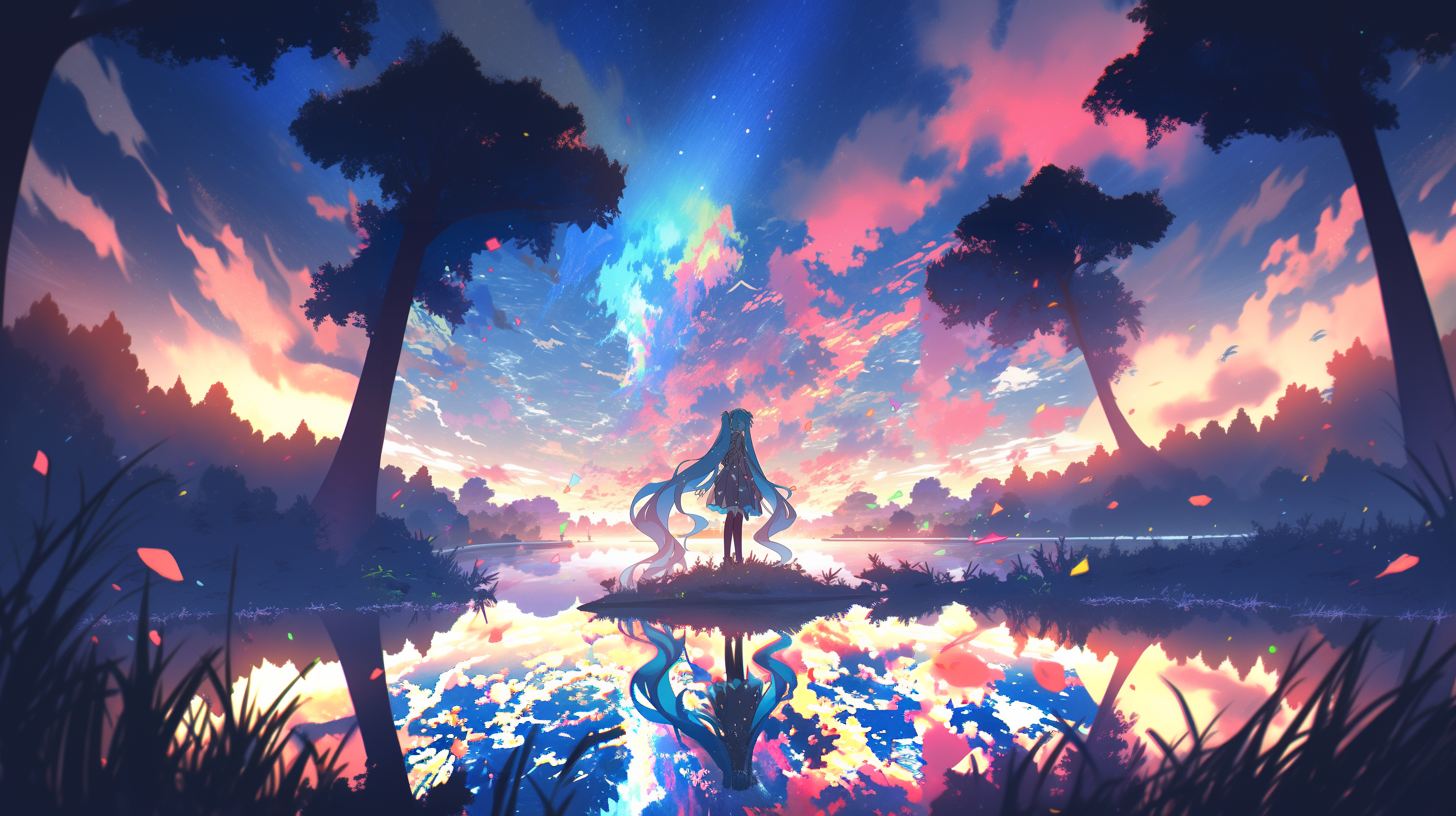 Anime 1456x816 anime anime girls Pixiv colorful Hatsune Miku Vocaloid sky clouds water reflection trees long hair twintails blue hair leaves petals stars sunset sunset glow