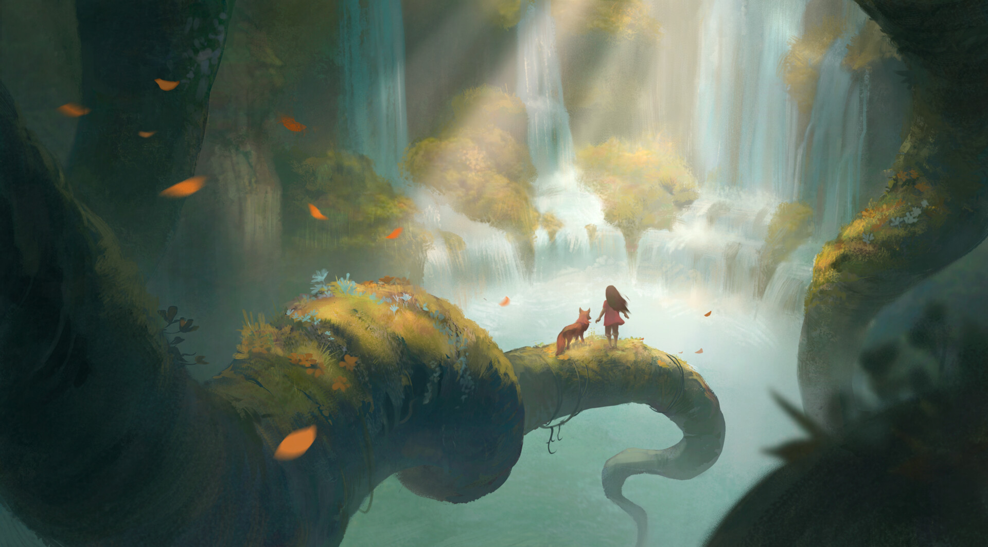 General 1920x1064 concept art digital art environment fox forest surreal fantastic realism sunlight leaves waterfall water animals