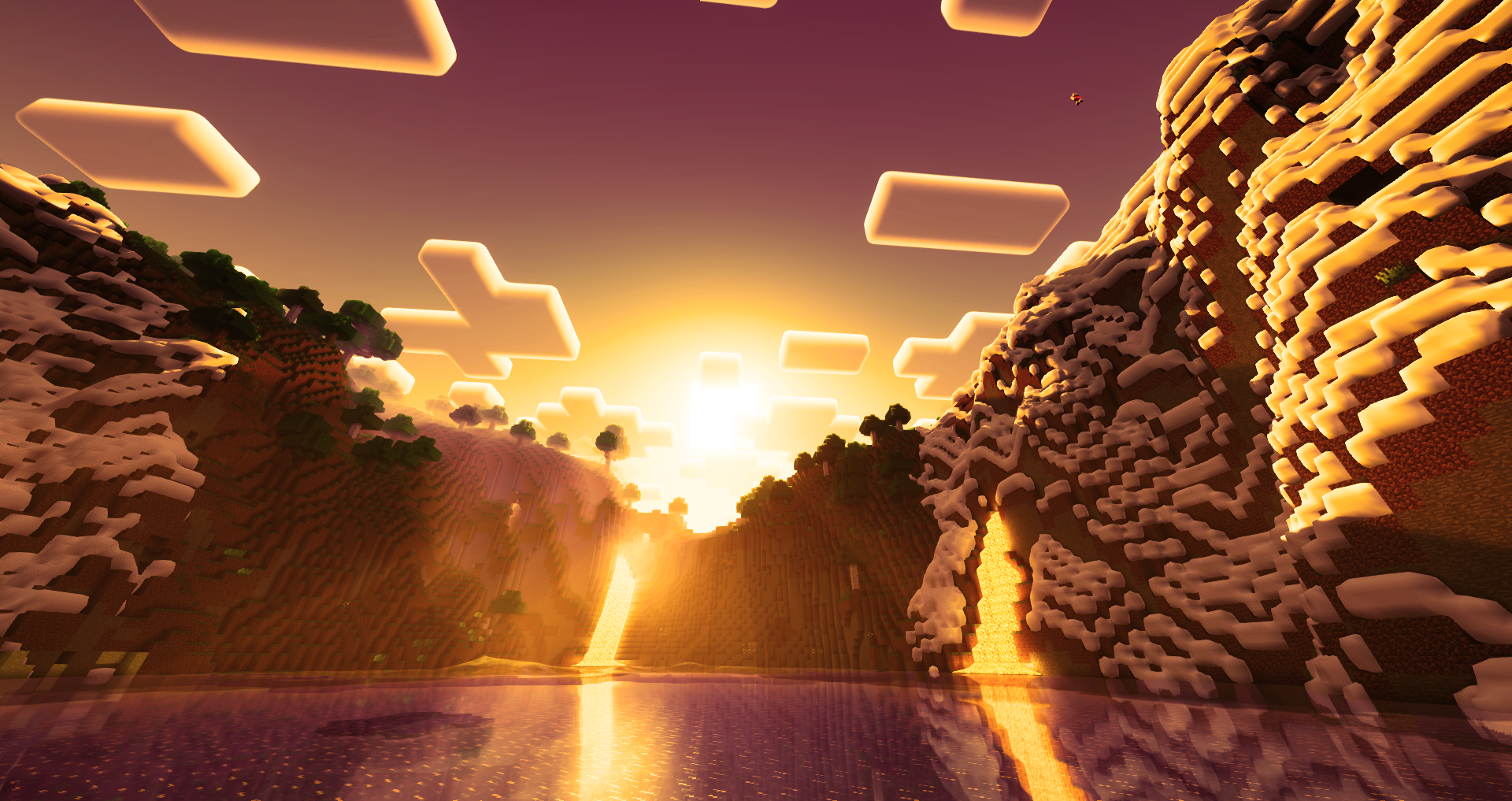 General 1920x1017 Minecraft lava water sky clouds video games snow trees video game art sunlight CGI sunset glow sunset