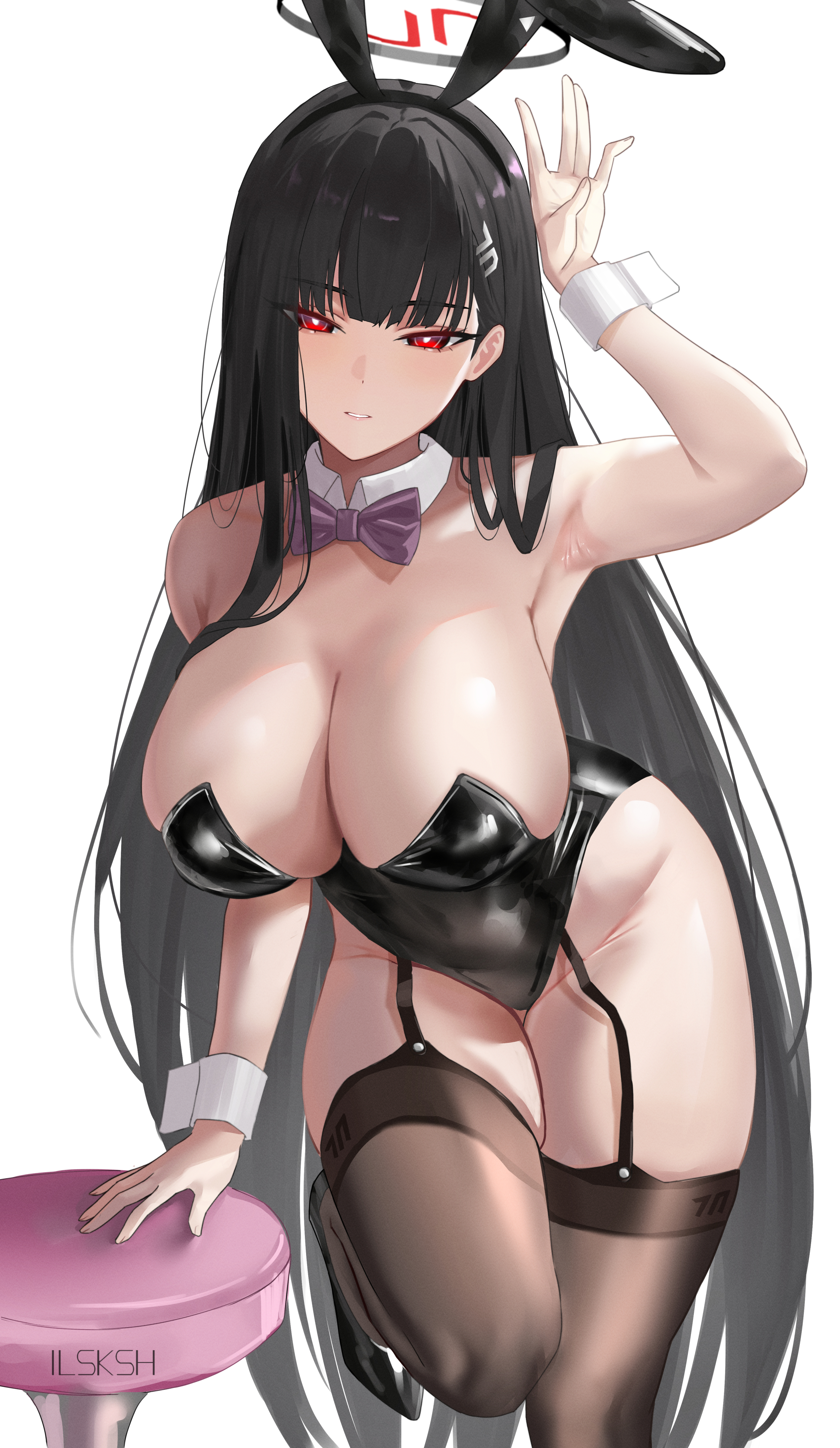 Anime 2322x4000 Blue Archive huge breasts portrait display anime girls Tsukatsuki Rio cleavage looking at viewer armpits simple background stools white background thighs bunny suit bunny girl standing on one leg heels bare shoulders hair clip bunny ears leotard black leotard long hair black hair red eyes garter straps stockings black stockings bow tie ilsksh hair ornament one arm up minimalism black heels high heels wrist cuffs bar stool