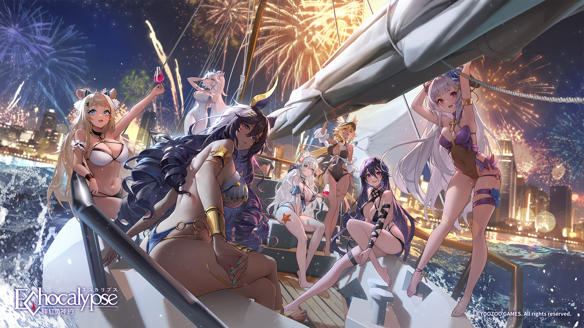 Anime 1920x1080 Echocalypse fireworks anime girls swimwear group of women boat Anubis (Echocalypse) sky Banshee (Echocalypse) sea Cera (Echocalypse) water Garula (Echocalypse) night Nyla (Echocalypse) bikini Yora (Echocalypse) sitting cityscape city lights one-piece swimsuit cup long hair wine glass looking at viewer wine women outdoors city big boobs cleavage watermarked legs crossed water drops standing hair ornament jewelry thighs animal ears