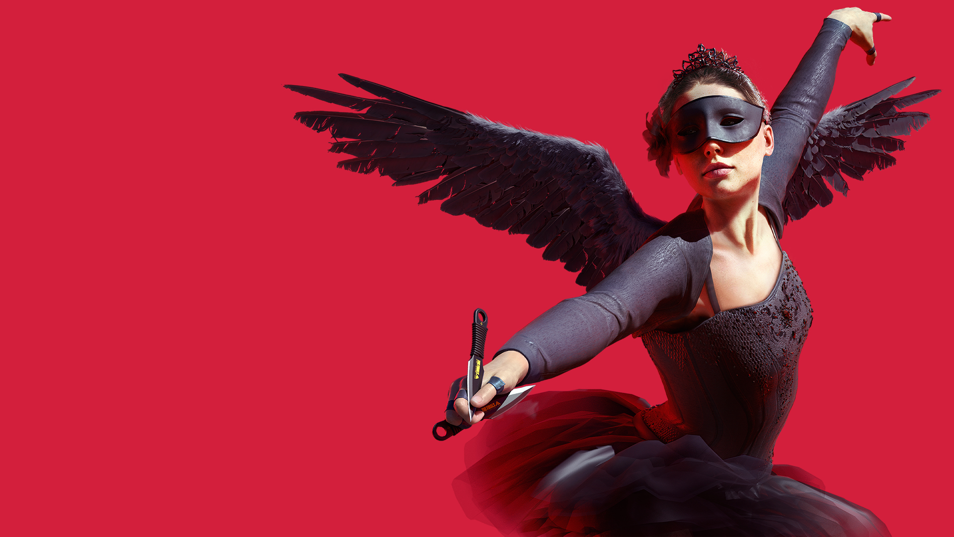 General 1920x1080 the finals video games video game art face mask video game characters CGI video game girls knife red background mask simple background wings minimalism dancing ballerina closed mouth tiaras weapon