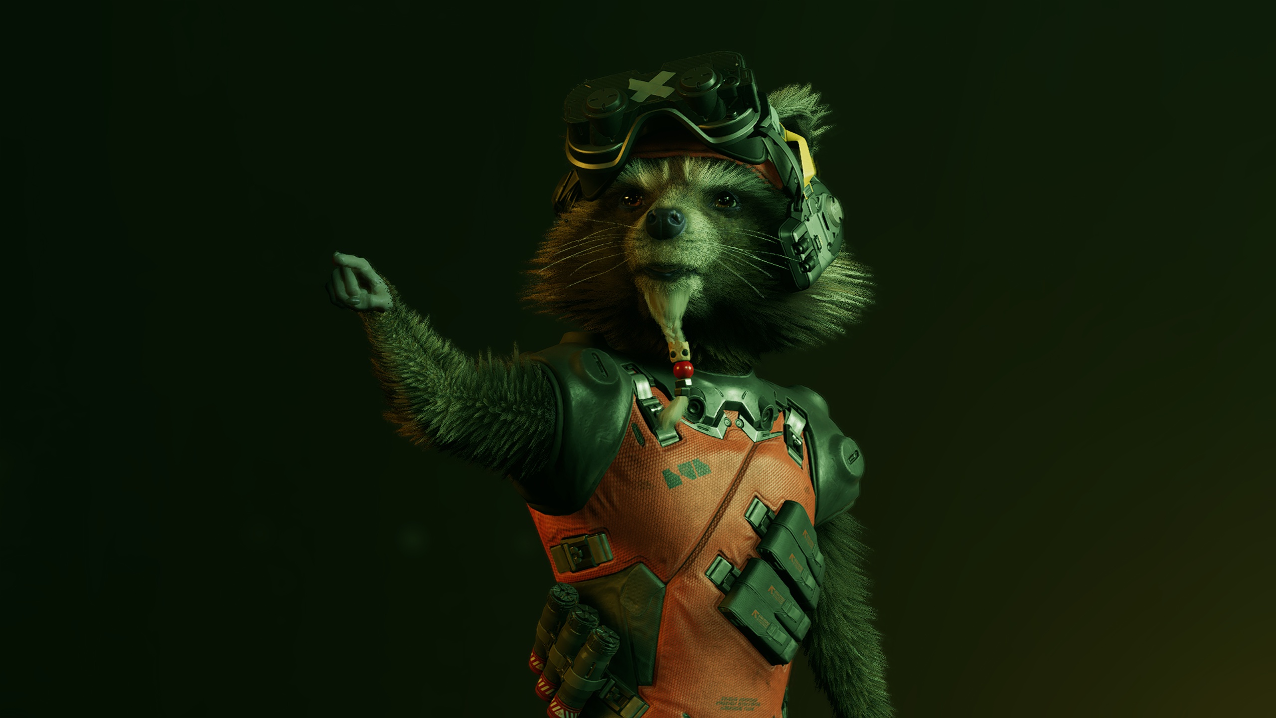 General 2560x1440 Guardians of the Galaxy (Game) Rocket Raccoon whiskers video game art screen shot video game characters CGI raccoons video games simple background fur minimalism goggles
