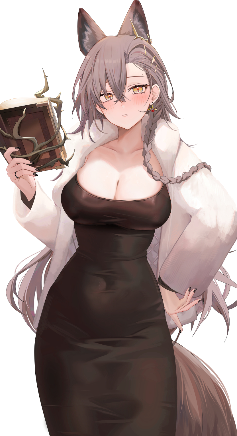 Anime 832x1532 Ru Zhai Arknights Penance(Arknights) anime girls tight dress drunk big boobs simple background braids black dress Judge animal ears blushing hair between eyes anime long hair looking at viewer white background books cleavage parted lips dress long sleeves black nails painted nails earring slim body collarbone standing