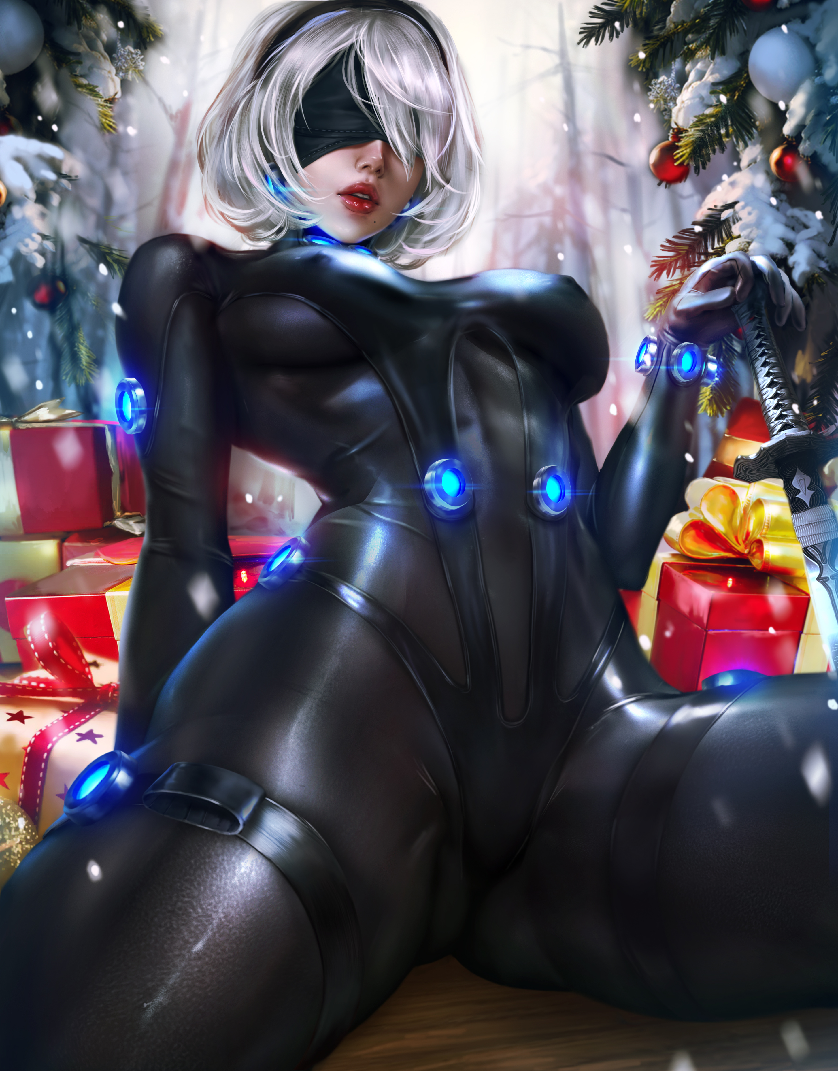 Anime 2908x3716 Nier Christmas presents Christmas portrait display 2B (Nier: Automata) snow Logan Cure huge breasts Christmas tree blindfold hard nipples bodysuit depth of field white hair short hair cosplay long sleeves thick thigh mole under mouth lips weapon sword fir Gantz blurry background sitting spread legs video game girls