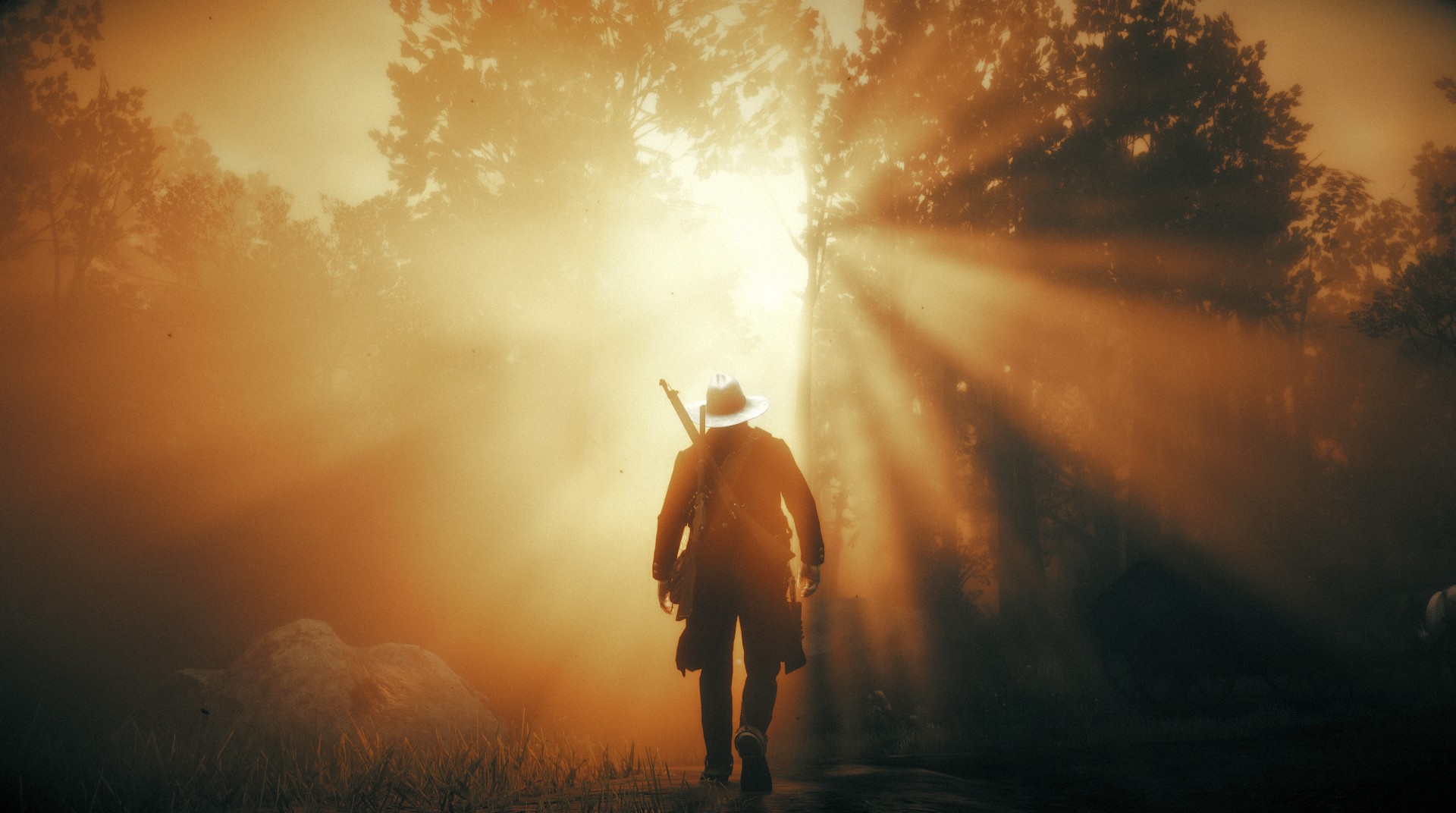 General 1920x1072 Red Dead Redemption 2 video game characters CGI fictional character sky PlayStation 4 standing video game art screen shot Rockstar Games sunlight Arthur Morgan walking boys with guns gun video games trees hat men with hats