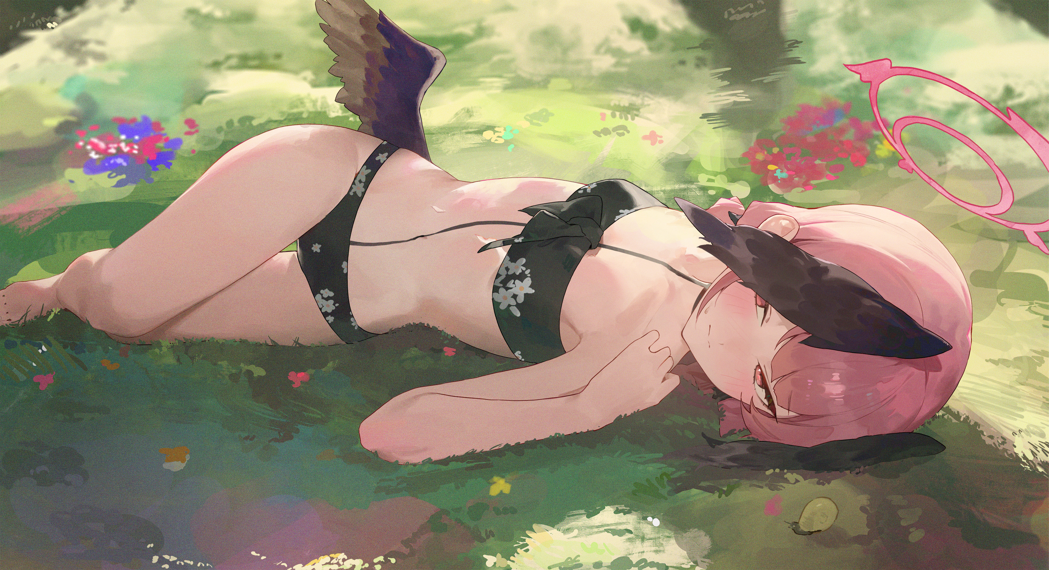 Anime 3681x2000 anime anime girls small boobs Blue Archive Shimoe Koharu (Blue Archive) lying down lying on back on the ground bikini grass wings the gap sunlight looking at viewer pink hair pink eyes head wings blushing closed mouth flowers twintails women outdoors outdoors