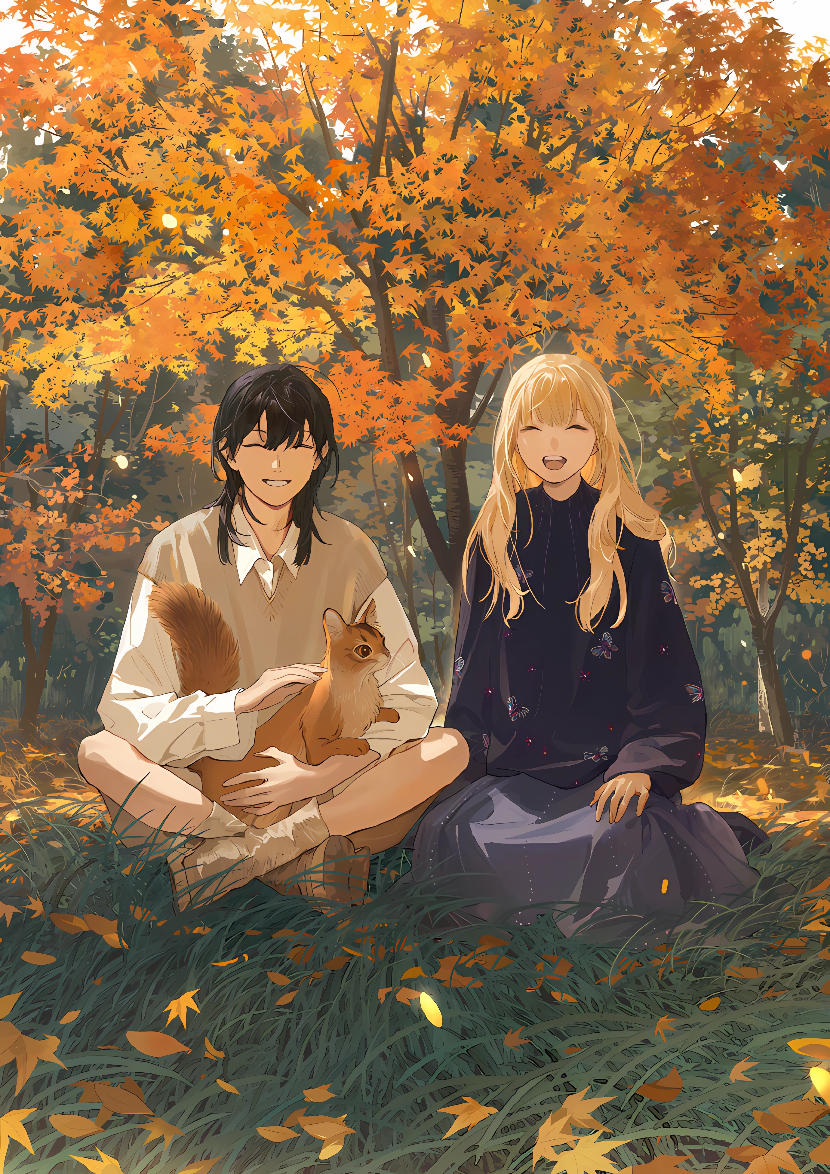 Anime 2760x3904 tanjiu9 anime anime girls colorful Tamen De Gushi forest squirrel yellow leaves outdoors women outdoors long hair open mouth closed eyes sitting on the ground leaves animals trees fall sunlight portrait display hair between eyes bent legs legs crossed