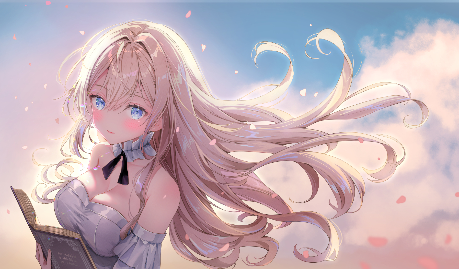 Anime 1876x1103 anime anime girls Akasaka Asa long hair looking at viewer blonde closed mouth smiling blue eyes collarbone bare shoulders wind hair blowing in the wind sky petals clouds cleavage big boobs detached sleeves books book in hand sunlight hair between eyes blushing