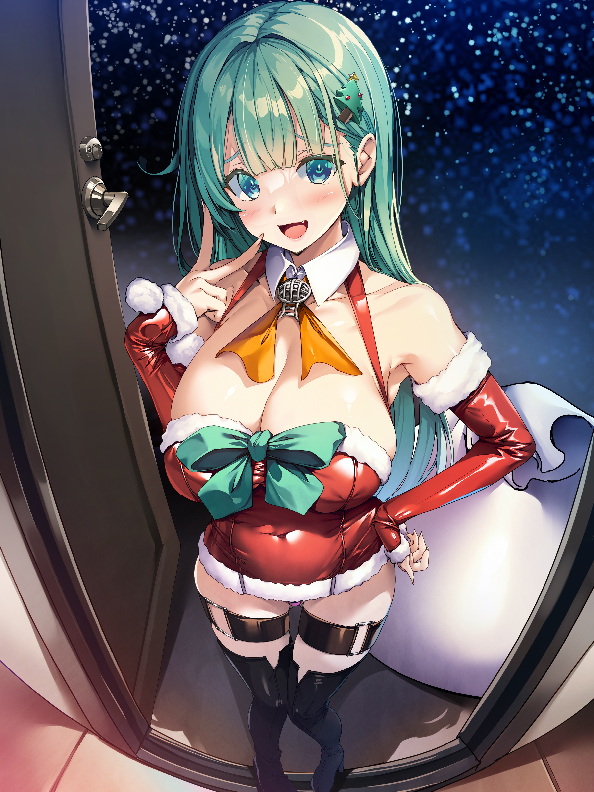 Anime 2400x3200 Kantai Collection gloves portrait display long hair Suzuya (KanColle) dress fisheye lens aqua eyes cleavage Santa costume Christmas clothes smiling thigh strap elbow gloves bare shoulders doorways arm warmers black boots red dress looking at viewer huge breasts blunt bangs cyan hair tight clothing snowing hair ornament Torisan christmas dress standing hands on hips night bag snow