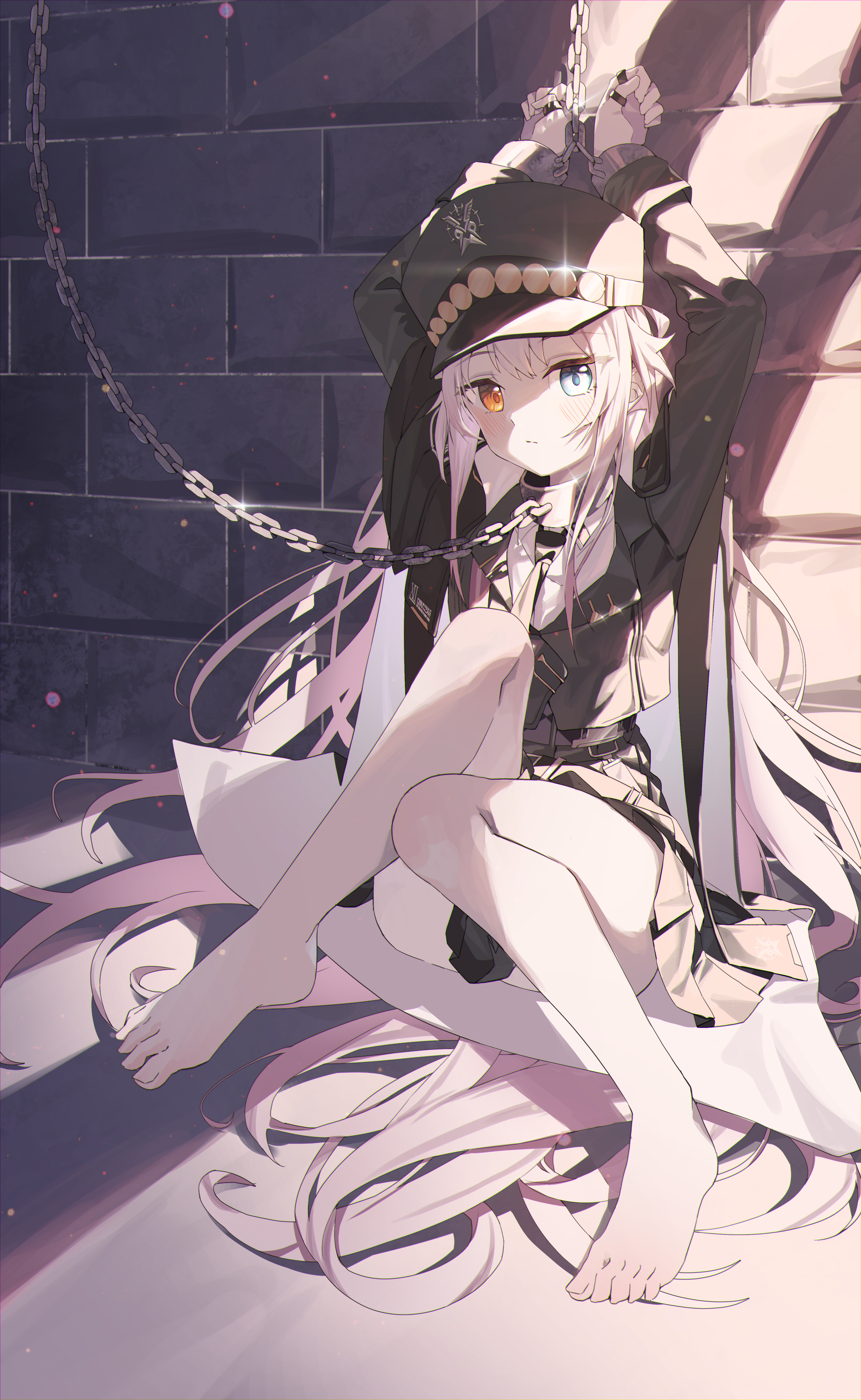 Anime 3480x5658 anime anime girls chains portrait display looking at viewer hat arms up bent legs on the floor sunlight long hair heterochromia barefoot BDSM uniform frills tie closed mouth blushing pink hair wall legs