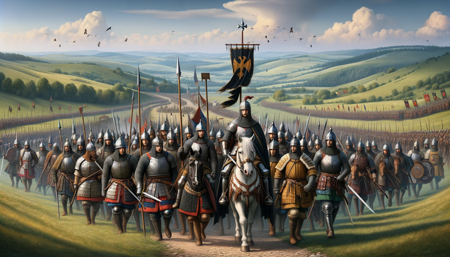 General 1792x1024 AI art Wallachia history army sky men armor horse medieval digital art sunlight marching helmet clouds flag lance weapon landscape hills