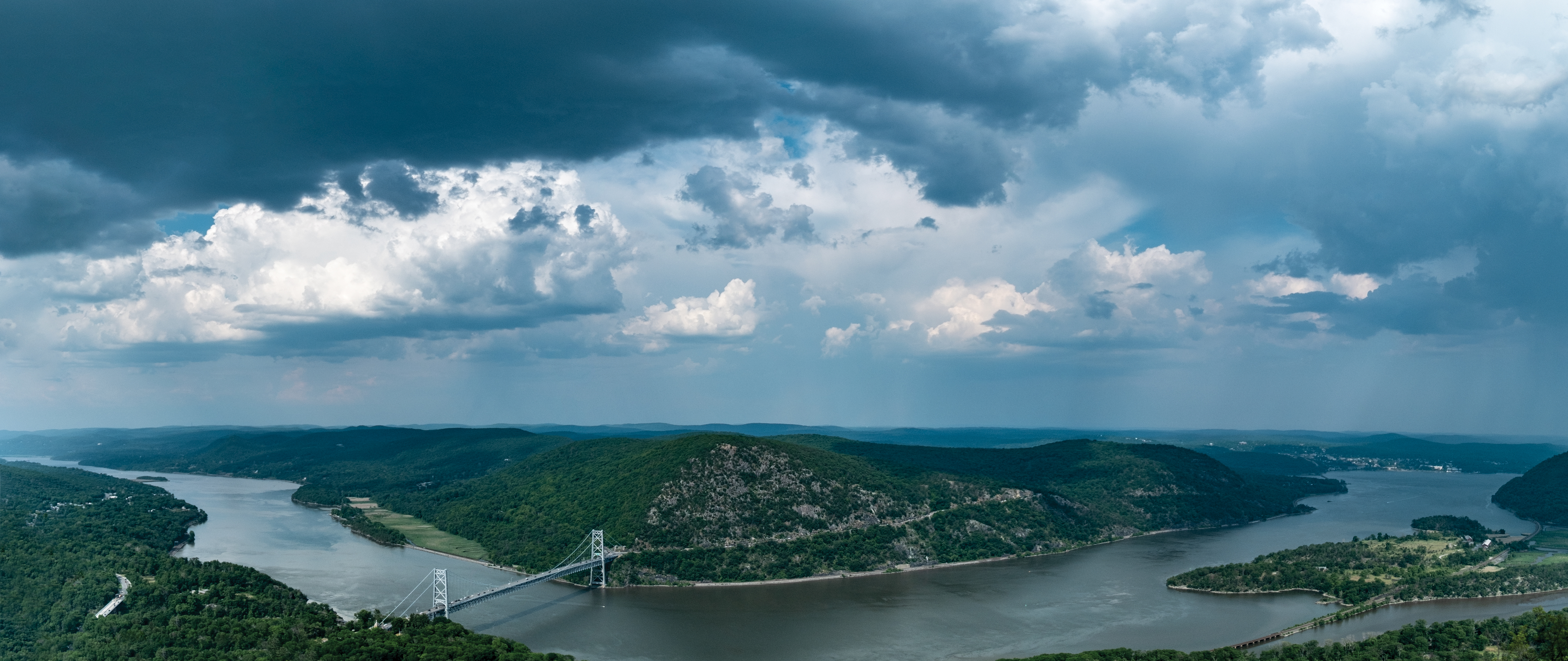 General 5120x2160 New York state landscape sky mountains hills Hudson River summer nature bridge Bear Mountain water clouds overcast river