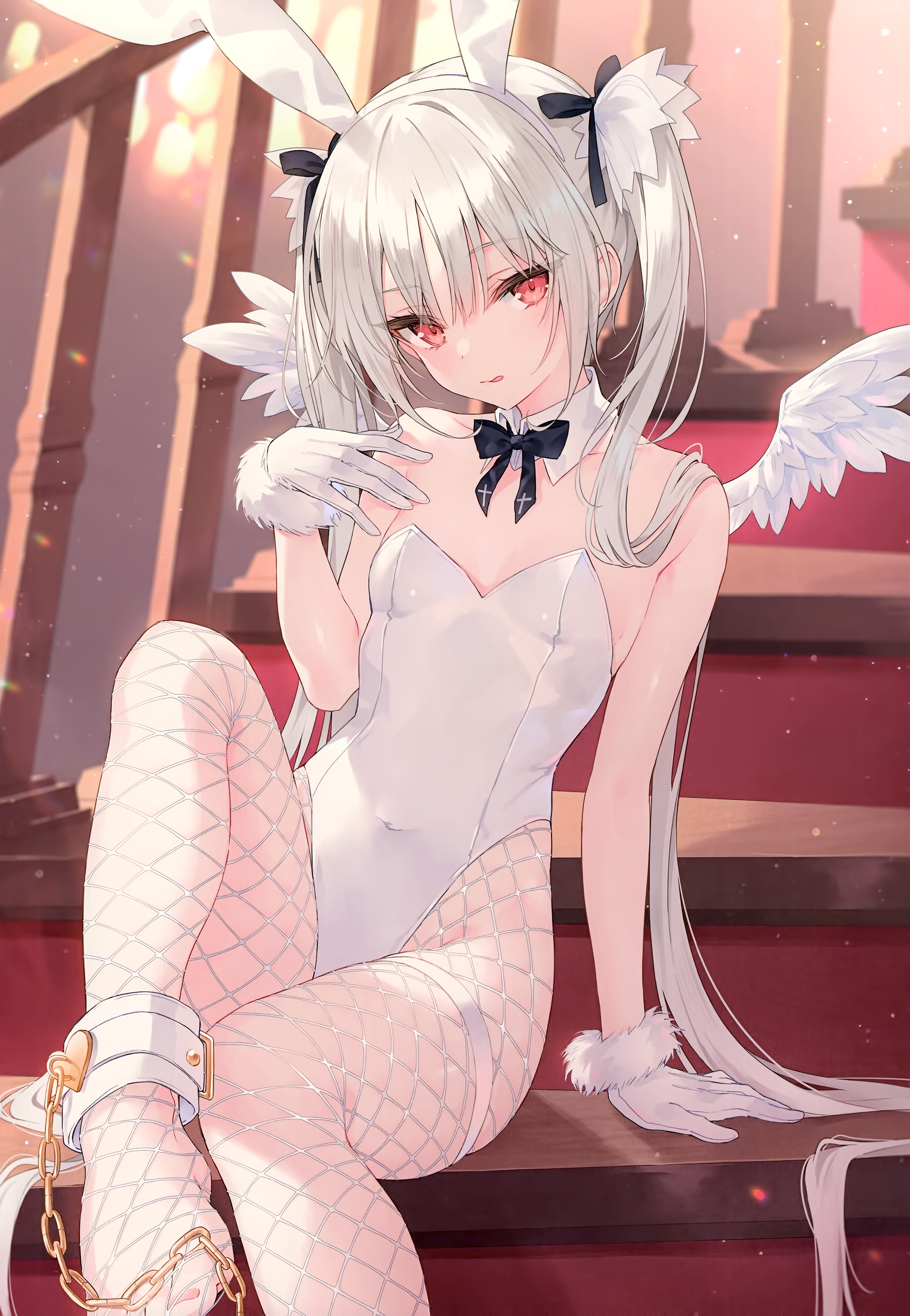 Anime 2429x3513 anime anime girls Rurudo portrait display sitting fishnet pantyhose looking at viewer long hair bare shoulders gloves bunny suit bunny ears stairs closed mouth tongue out fishnet tongues ankle cuffs twintails hair between eyes white gloves small boobs bow tie leg garter bent legs