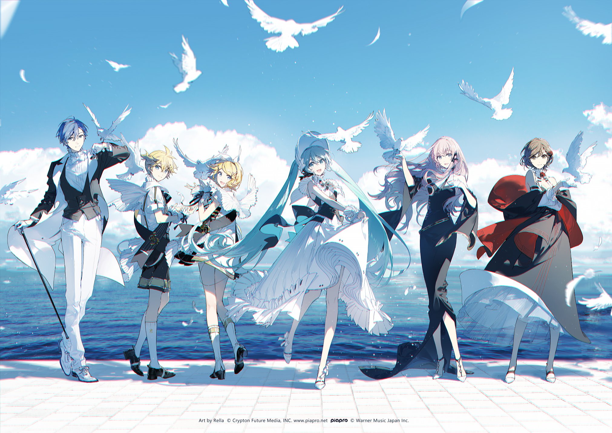 Anime 2023x1433 Hatsune Miku anime Kagamine Len birds Kagamine Rin animals Kaito (vocaloid) clouds Megurine Luka anime girls Meiko (vocaloid) dress watermarked open mouth looking at viewer long hair hair between eyes gloves brunette brown eyes pink hair blue eyes cyan hair blonde socks white socks heels rella smiling lifting dress sunlight staff short hair twintails anime boys closed mouth frills hair ornament suits water sea feathers bare shoulders tailcoat