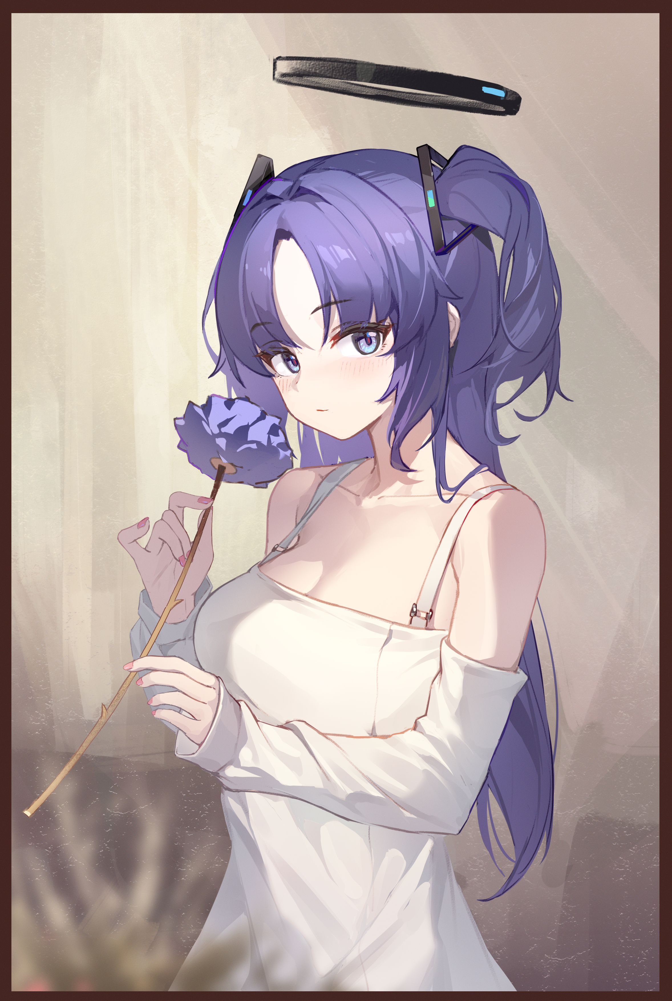 Anime 2356x3508 anime anime girls Hayase Yuuka Blue Archive SAW272 looking at viewer portrait display long hair collarbone bare shoulders flowers holding flowers purple hair blue eyes standing detached sleeves blushing cleavage