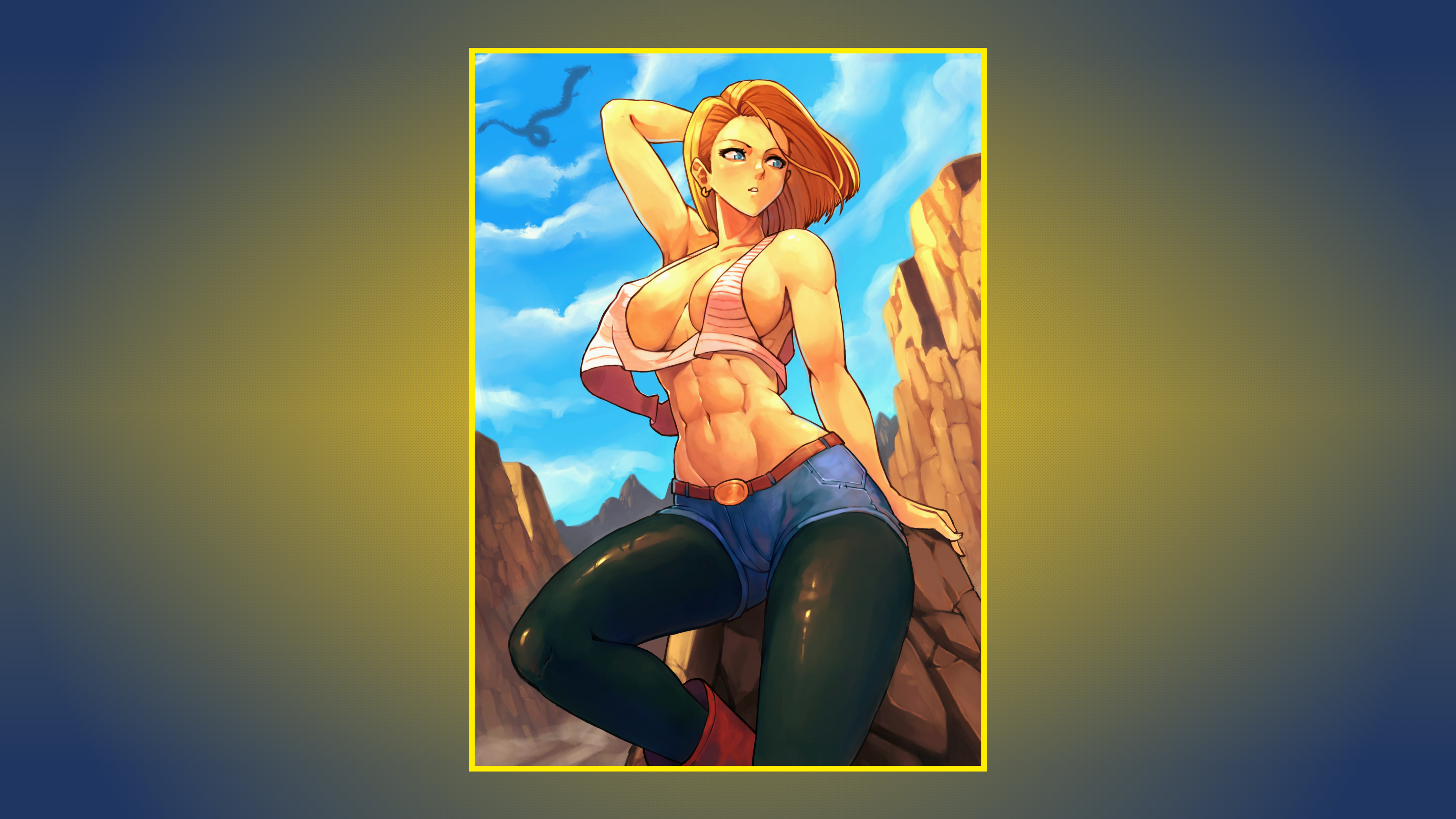 Anime 5120x2880 Dragon Ball Dragon Ball Z Android 18 leggings jean shorts short shorts belt bare midriff belly belly button short hair blonde blue eyes big boobs underboob cleavage nipples through clothing covered nipples nipples armpits earring arm(s) behind head sitting rocks sky clouds dragon Shenron Chinese dragon muscular brown boots spread armpit halter top bare shoulders black pantyhose pantyhose hard nipples crop top no bra 6-pack thighs tank top boobs babusgames bright