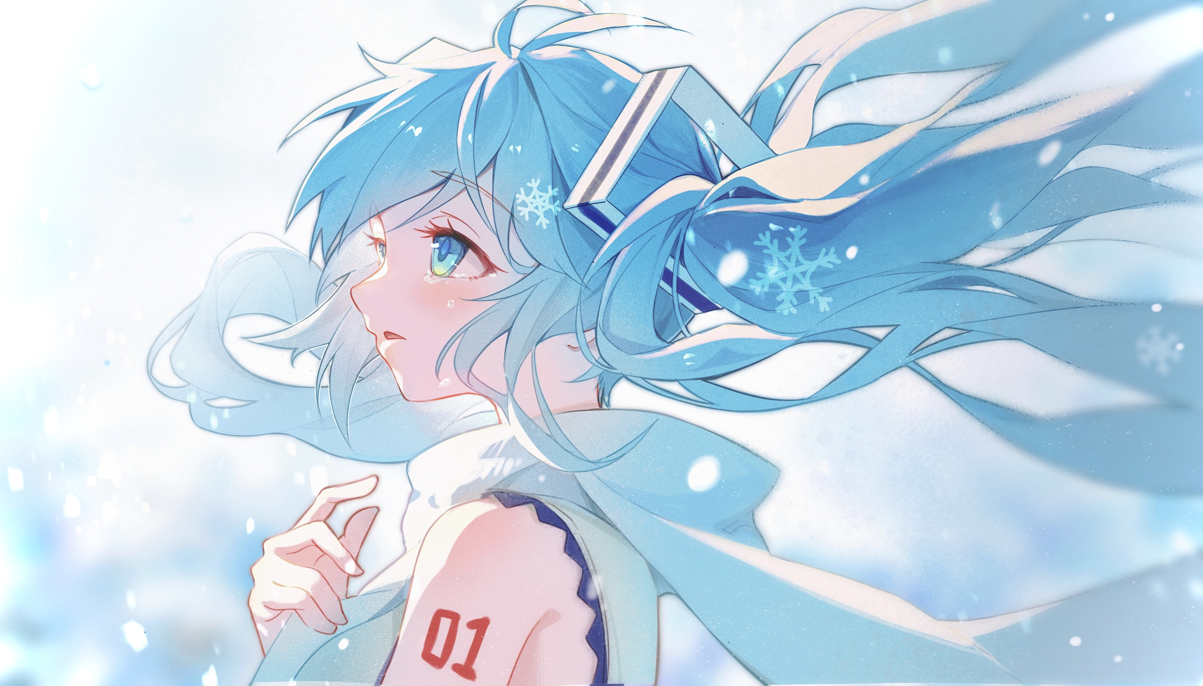 Anime 4038x2303 anime anime girls Hatsune Miku Vocaloid looking away long hair blue hair blue eyes snowflakes parted lips bare shoulders numbers twintails minimalism blurred blurry background
