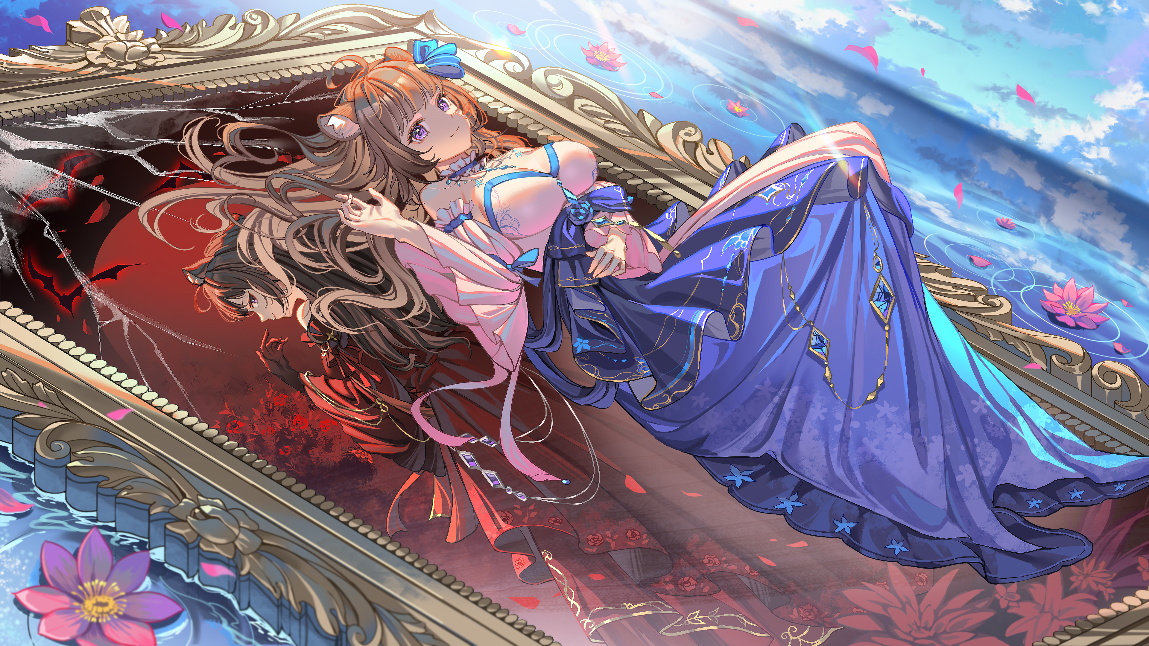 Anime 3840x2160 anime anime girls wavy hair al guang lying down lying on back closed mouth bangs detached sleeves dress picture frames long hair bare shoulders ahoge brunette purple eyes water sunlight sky clouds petals frills wide sleeves animal ears Wan'er (EoE) Elf of Era looking at viewer smiling reflection sun rays gemstones choker
