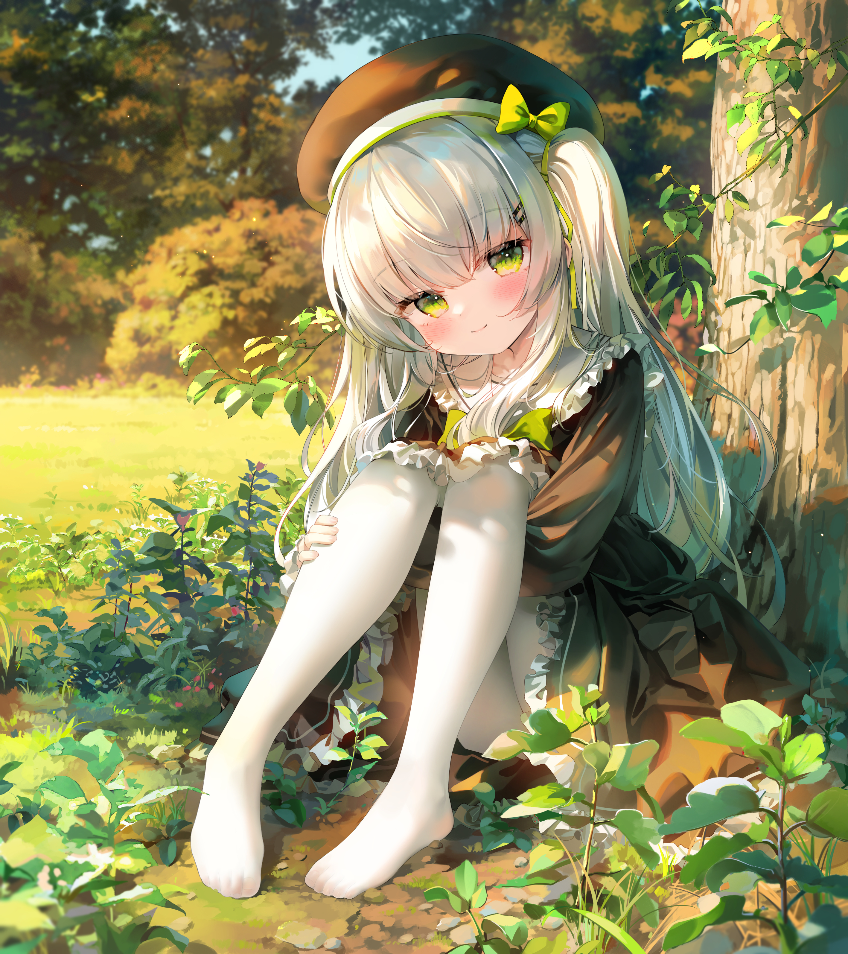 Anime 2835x3189 anime anime girls portrait display Chen Bin outdoors women outdoors looking at viewer blushing sitting white pantyhose pantyhose bent legs closed mouth smiling long hair sunlight leaves grass plants ground on the ground original characters hat green eyes white hair hair between eyes frills dress feet rocks schoolgirl school uniform