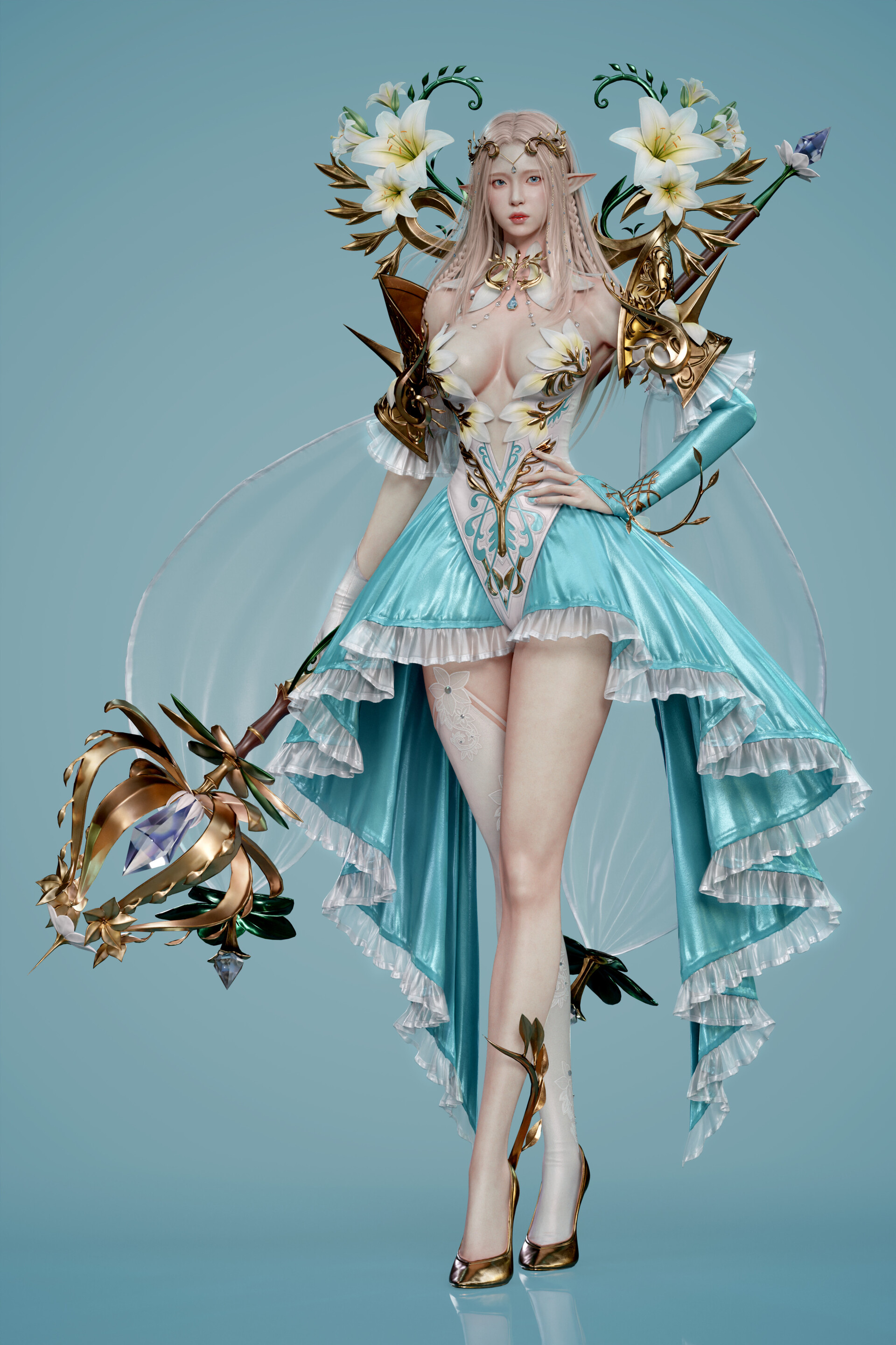 General 1920x2880 Kim Subeen women blonde magician dress portrait display simple background CGI digital art cyan parted lips juicy lips pointy ears braids flowers hands on hips hair ornament standing bare shoulders boobs staff
