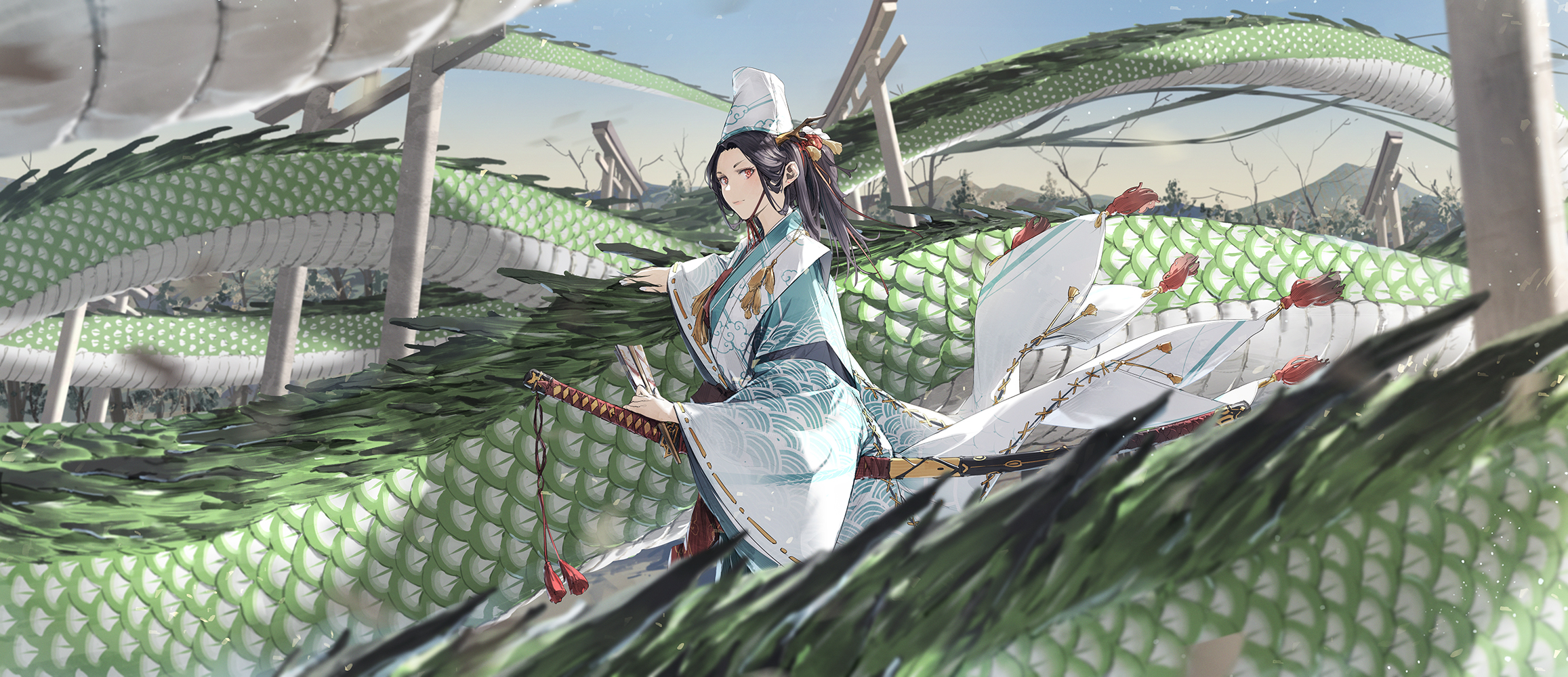 Anime 2314x1000 anime anime girls weapon looking at viewer Somehira Katsu long hair dragon creature closed mouth katana sunlight torii sky Japanese clothes horns original characters fans ponytail red eyes black hair scales hat Chinese dragon