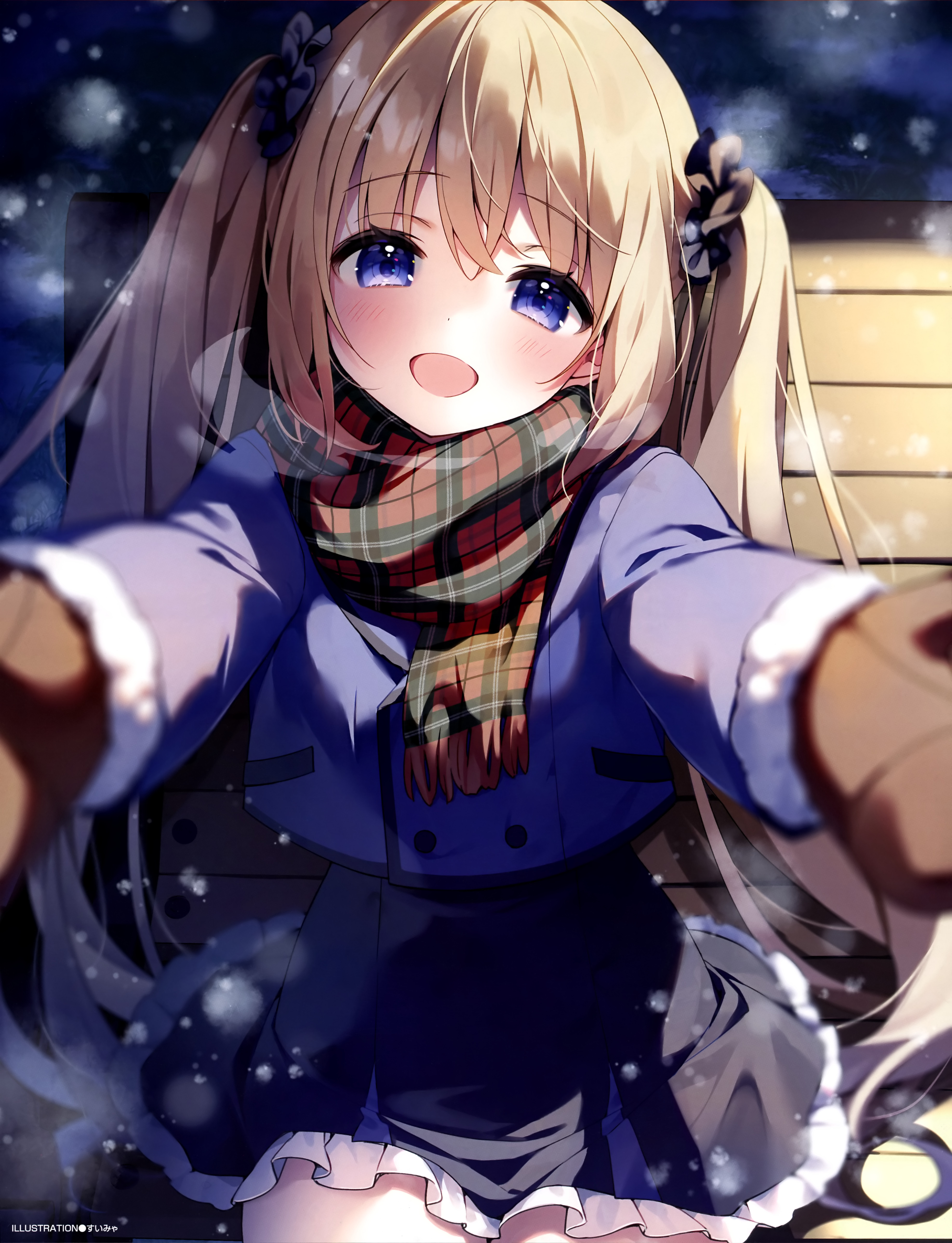 Anime 3951x5157 anime anime girls Suimya portrait display looking at viewer blue eyes open mouth long hair watermarked scarf blonde hair ornament twintails mittens cold bench sitting skirt frills coats hair between eyes fur trim outdoors women outdoors blushing open arms