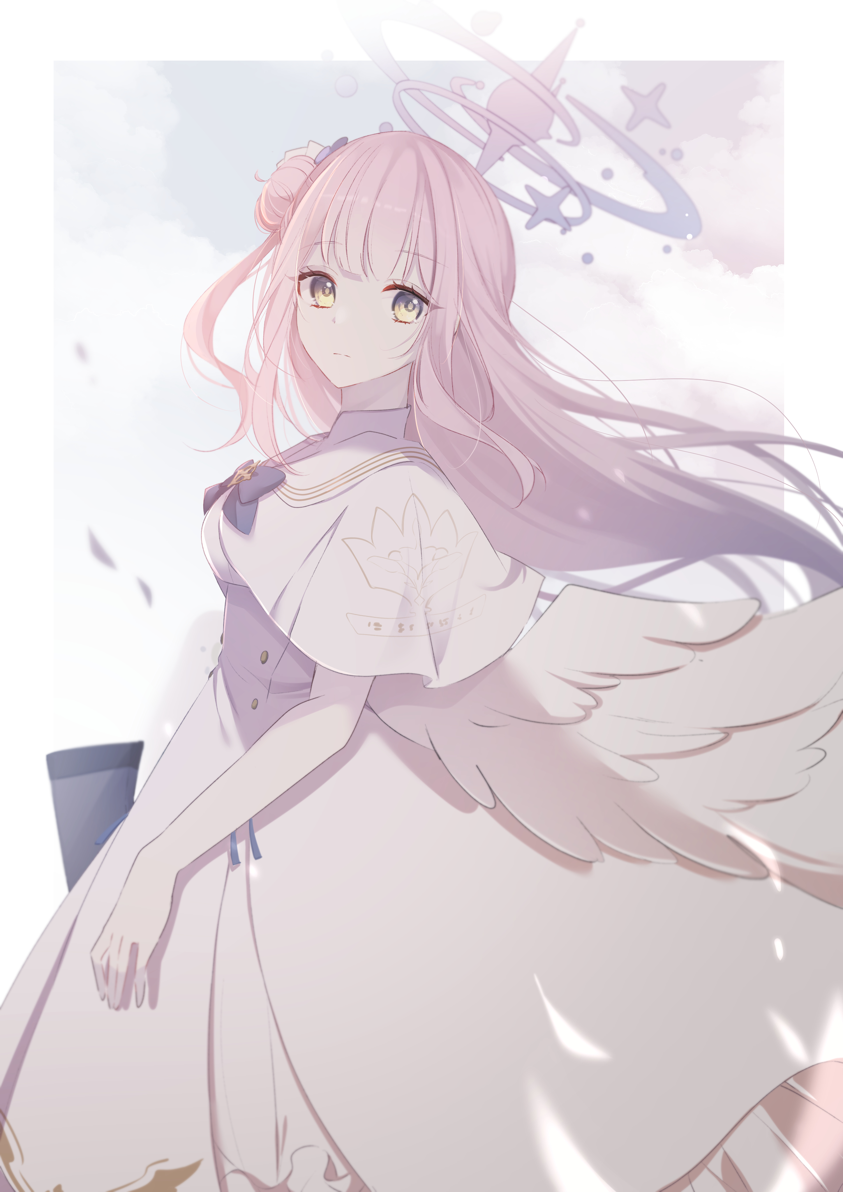 Anime 2894x4093 Misono Mika anime Blue Archive anime girls portrait display long hair simple background wings white background dress looking at viewer wind hair blowing in the wind mochimori kusunoki sky clouds looking sideways capelet white dress