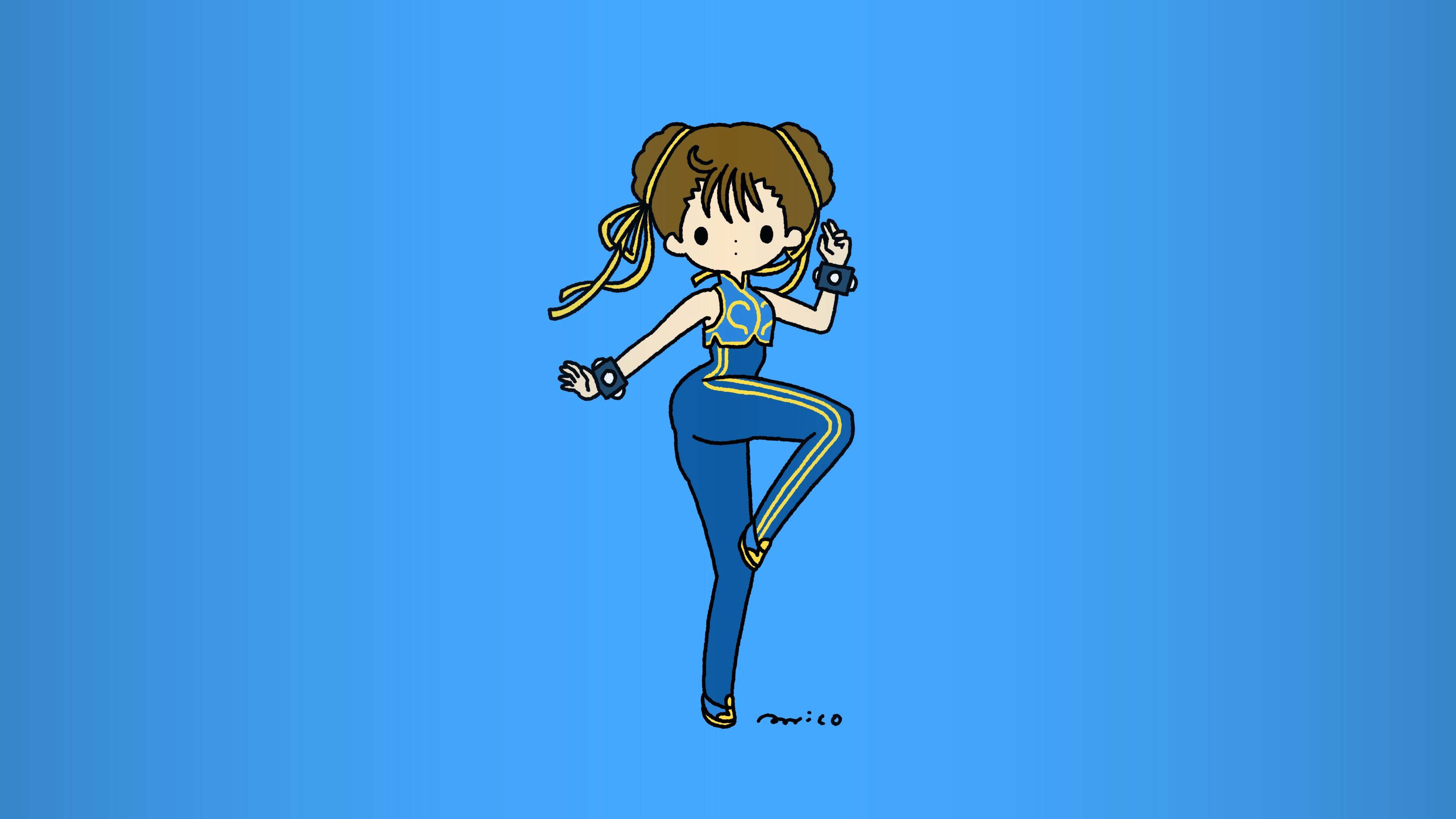Anime 3840x2160 video games video game girls Capcom Street Fighter fighting games Chun-Li twin buns leggings crop top blue pants minimalism chibi simple background blue background ribbon bangs Street Fighter Alpha bracelets spikes looking at viewer brunette