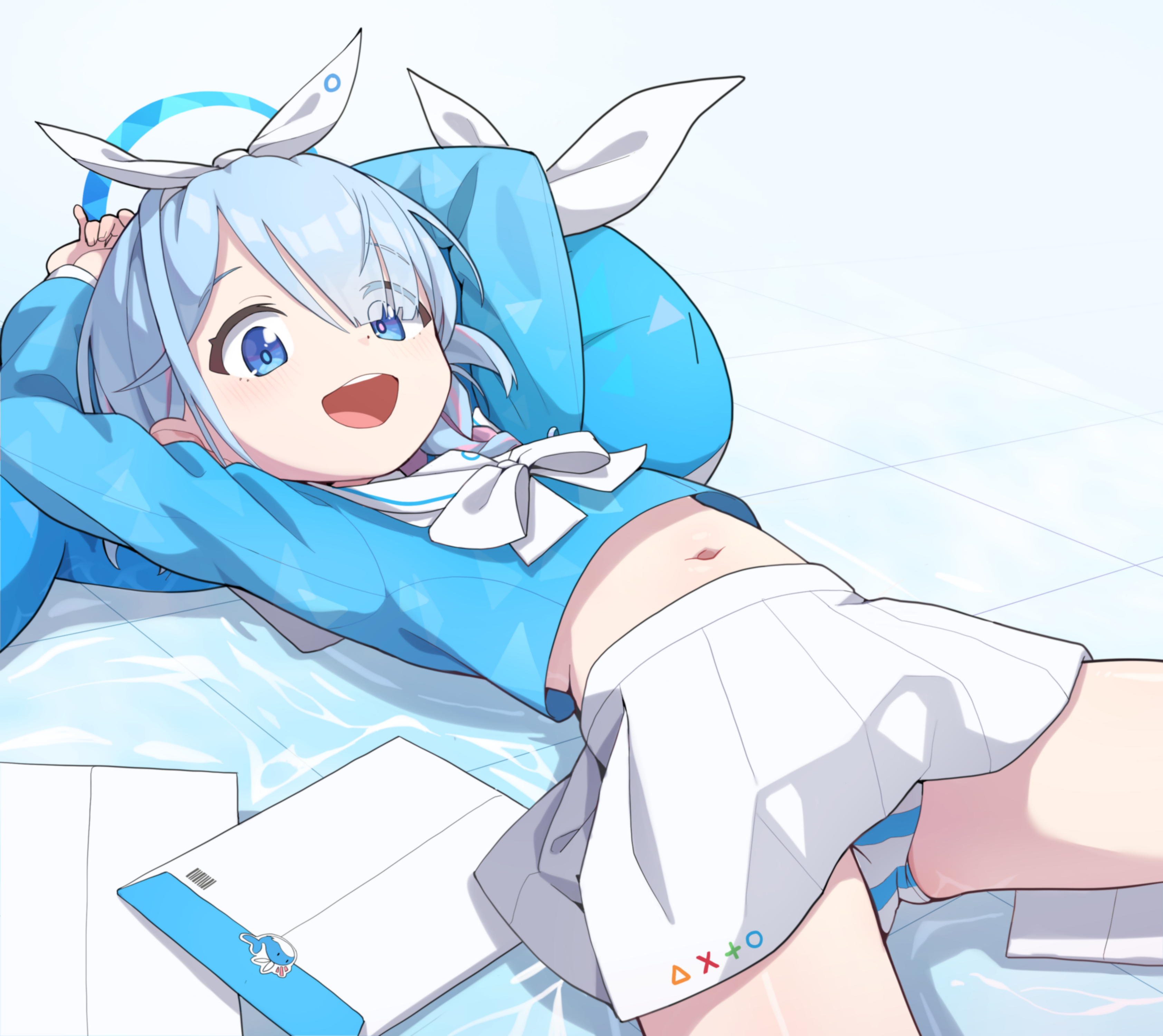 Anime 3367x3000 arona (blue archive) Blue Archive panties anime girls sailor uniform white background halo anime games white skirt belly button blue eyes schoolgirl school uniform lying down lying on back open mouth smiling looking at viewer water striped panties tile floor short hair blue hair bow tie barcode arms up onionring_02 skirt envelope