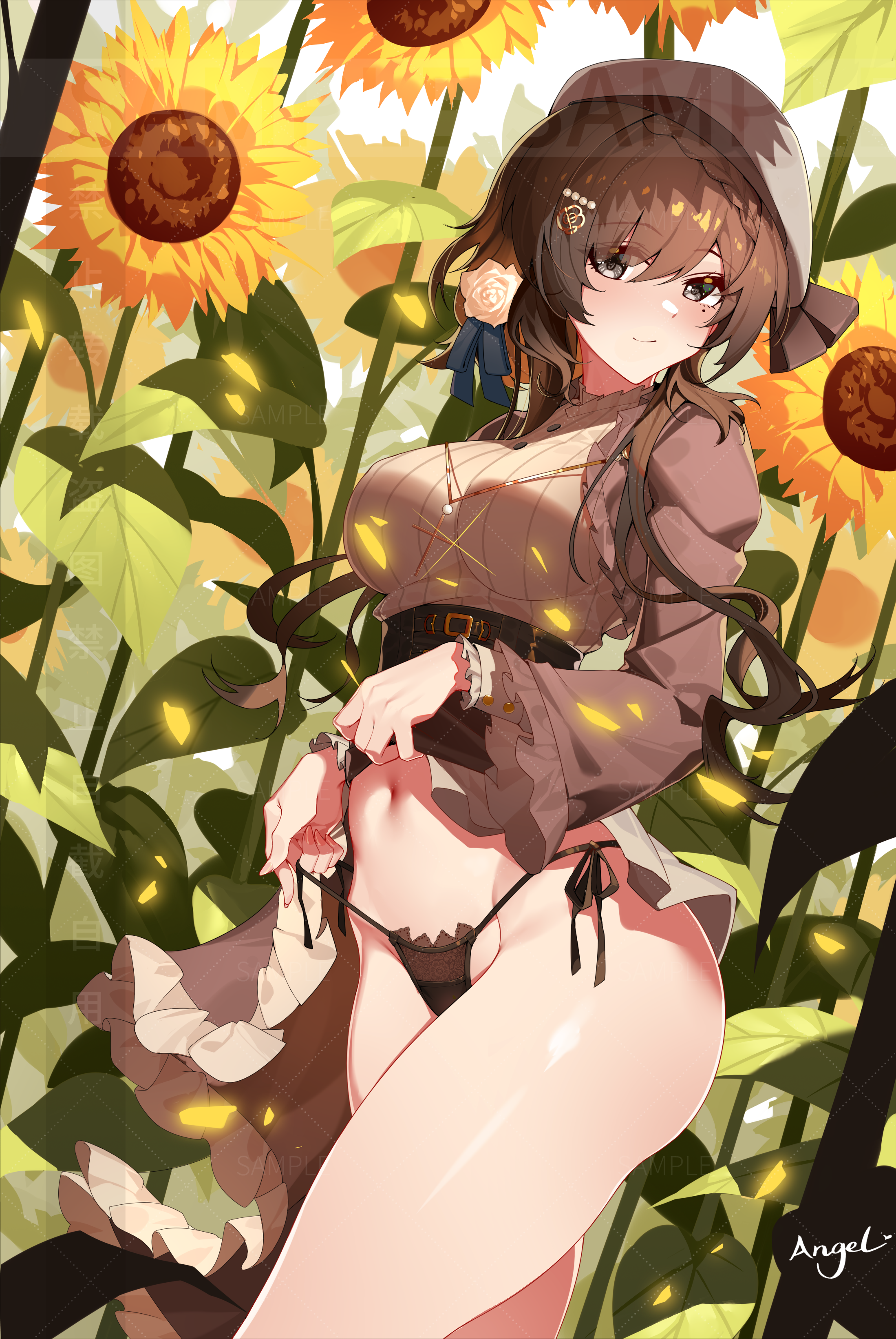Anime 2198x3281 anime anime girls thighs belly button looking at viewer big boobs boobs lifting clothes portrait display signature LC Angel closed mouth mole under eye leaves outdoors women outdoors thong frills ass brunette flower in hair hat women with hats pulling clothing standing necklace sunflowers hair ornament smiling braids long sleeves cross
