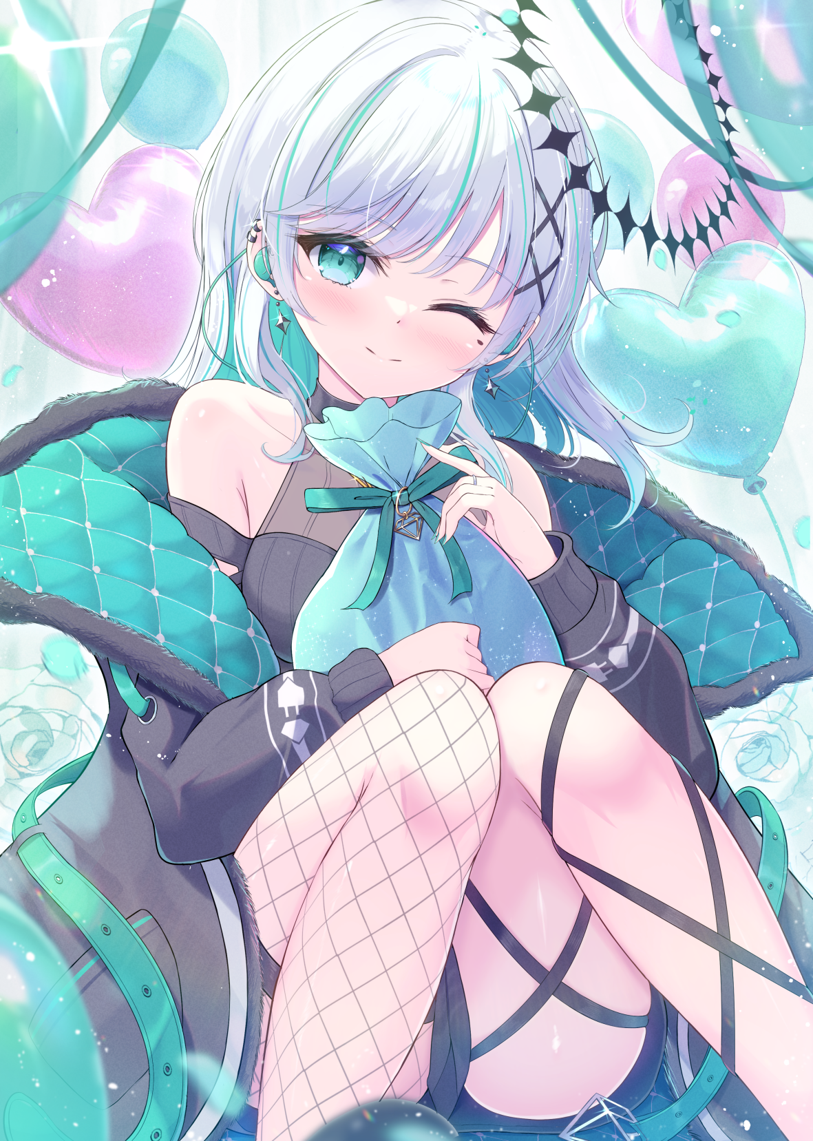 Anime 1181x1657 anime anime girls Mikaze Oto smiling one eye closed long hair two tone hair fishnet bent legs looking at viewer portrait display earring ear piercing closed mouth bare shoulders collarbone hair ornament legs heart (design) balloon painted nails green nails rings