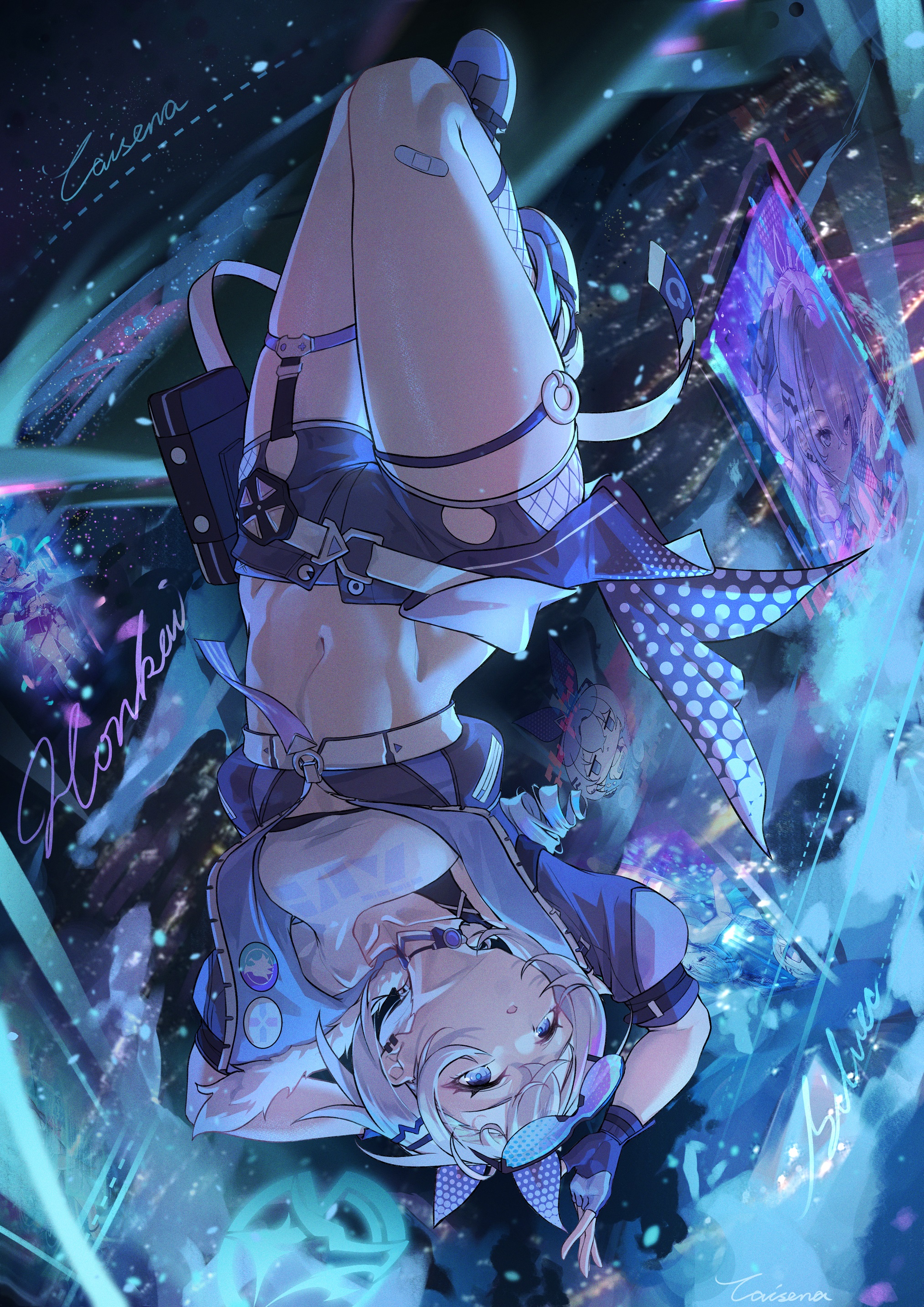 Anime 2026x2866 anime anime girls Silver Wolf (Honkai: Star Rail) Caisena portrait display Honkai: Star Rail gloves fingerless gloves thighs upside down band-aid signature flat stomach open mouth blue eyes jacket belly button belly looking at viewer gray hair city lights night city shorts short shorts long hair