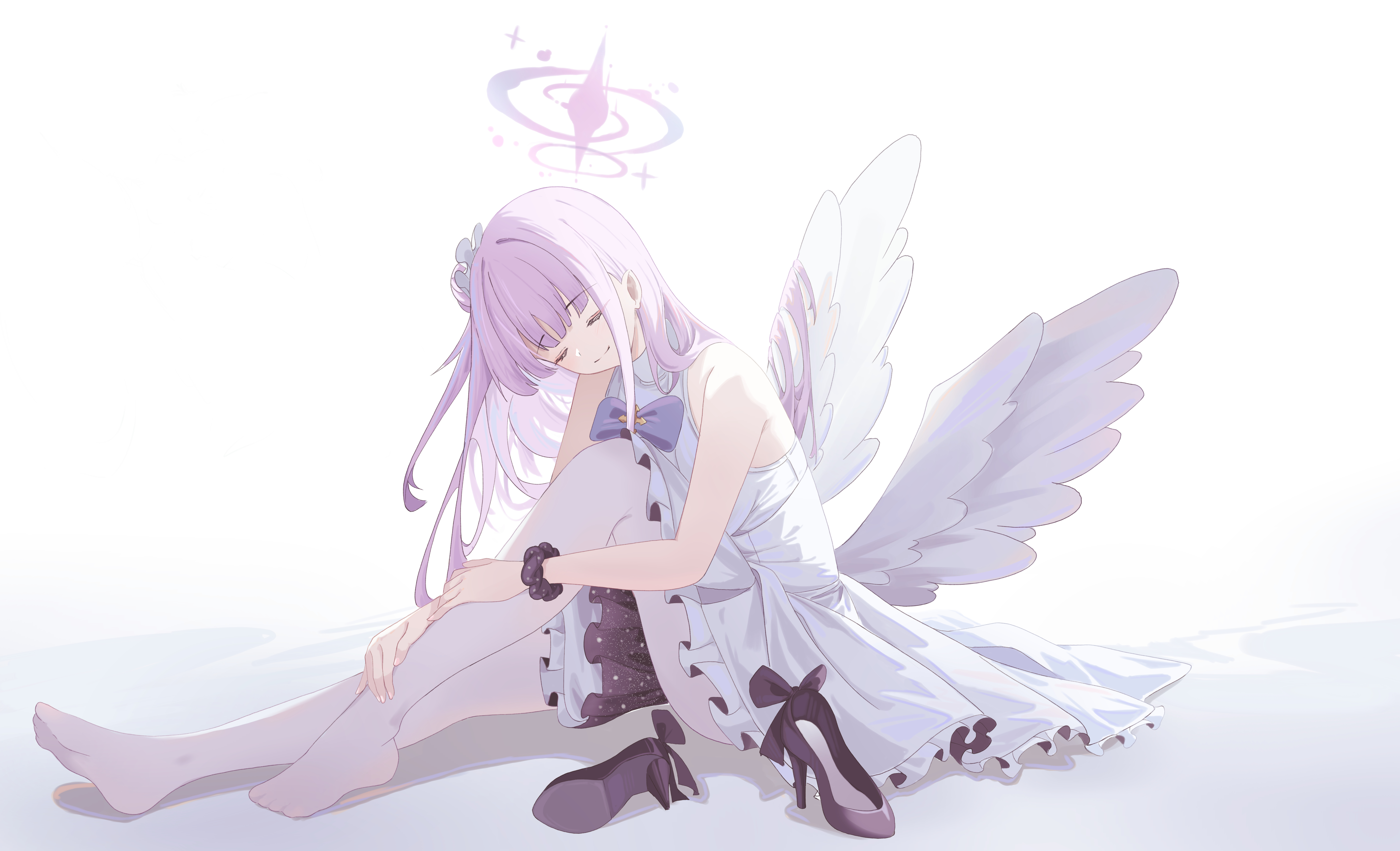 Anime 8368x5087 anime anime girls Misono Mika Blue Archive Cake Walker closed eyes closed mouth bow tie bare shoulders sitting pink hair long hair simple background wings white background heels minimalism sunlight frills pointed toes bangs hairbun
