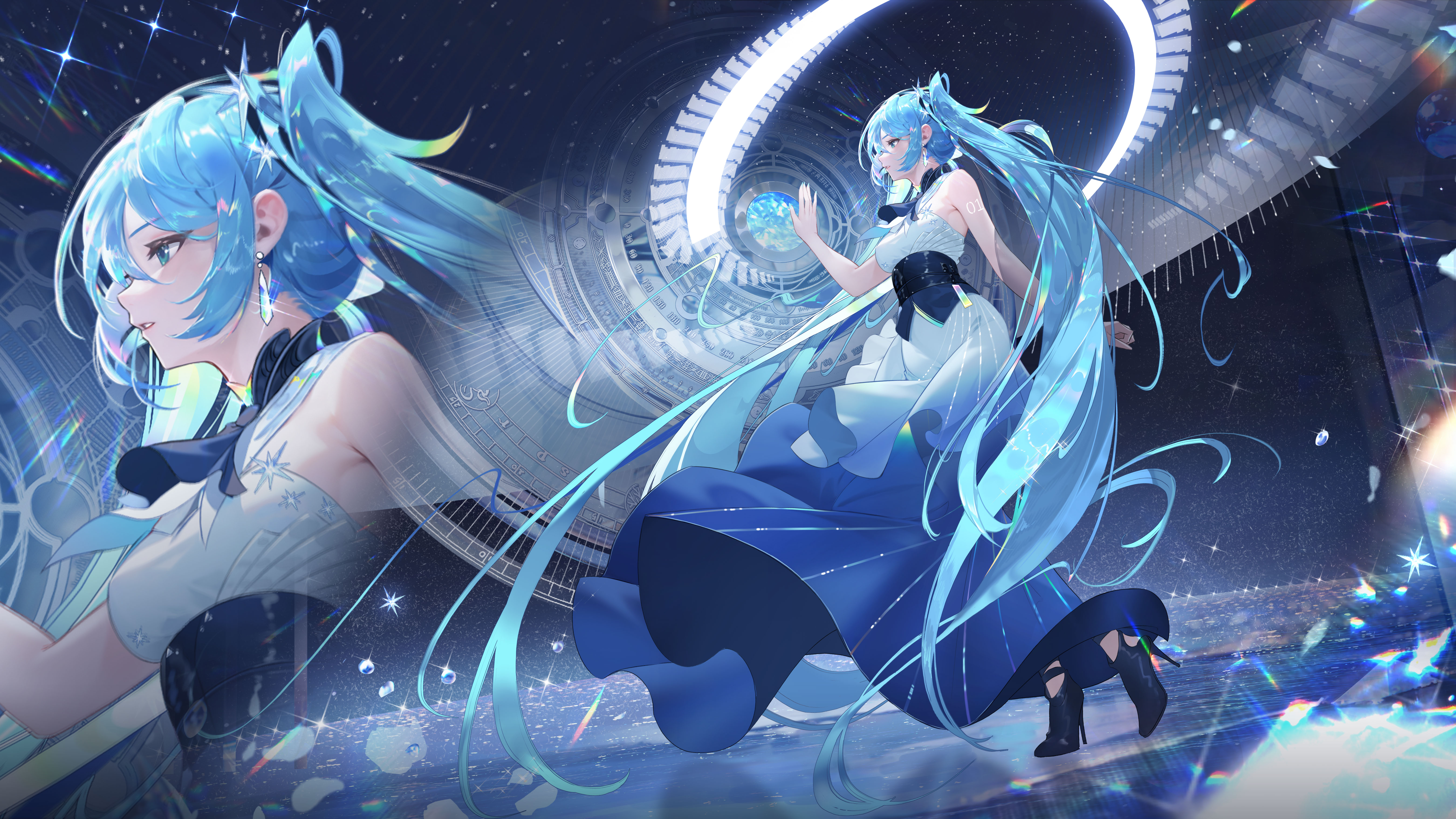 Anime 6249x3515 anime anime girls Hatsune Miku Vocaloid jie xiaoming long hair twintails blue hair looking away earring blue eyes bare shoulders heels walking water water drops parted lips dress stars frills numbers