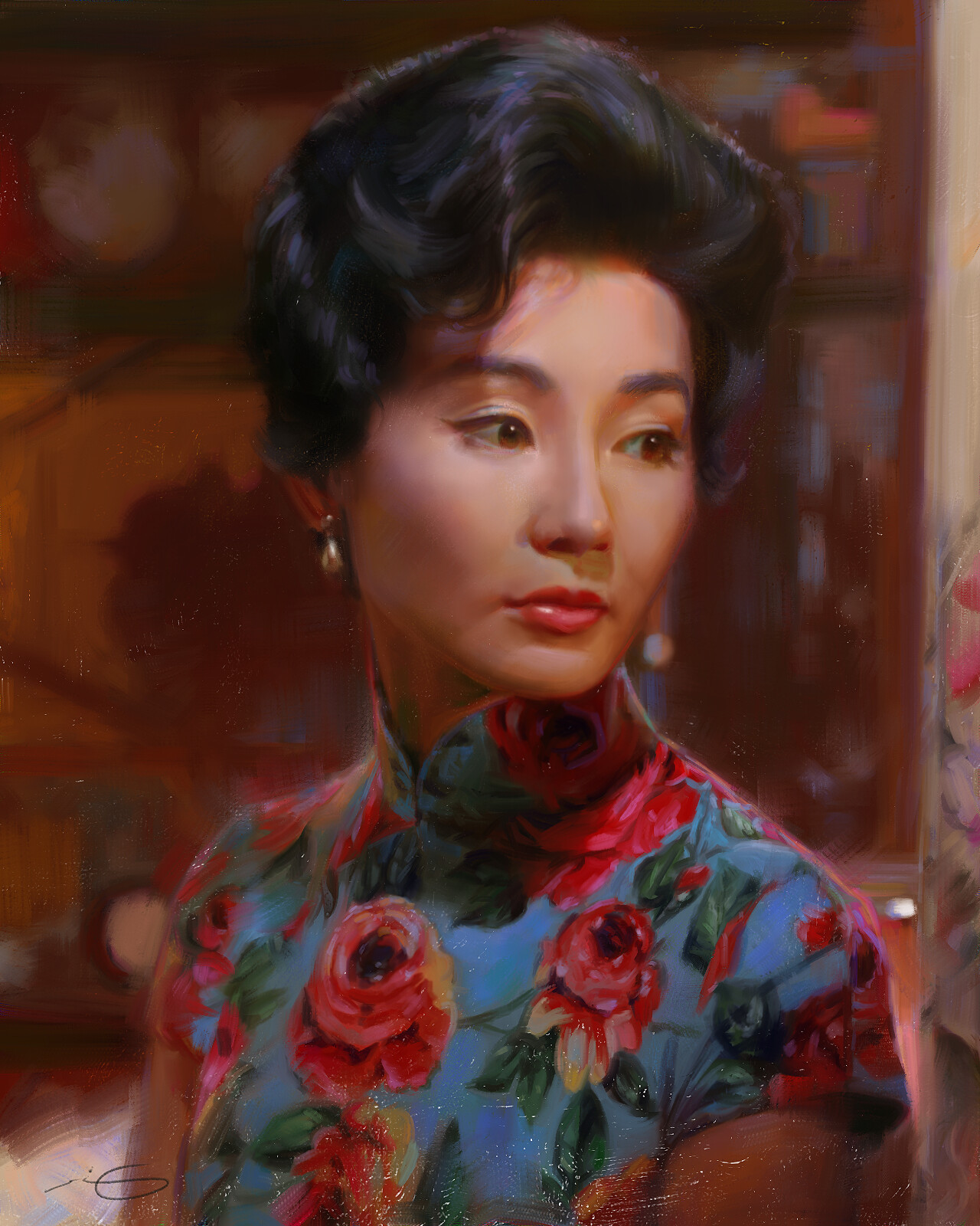 General 1280x1600 In the Mood for Love chinese dress portrait artwork looking sideways Chinese women women Asian actress brunette red lipstick brown eyes portrait display closed mouth earring Shi-An Matthew King digital art looking away floral