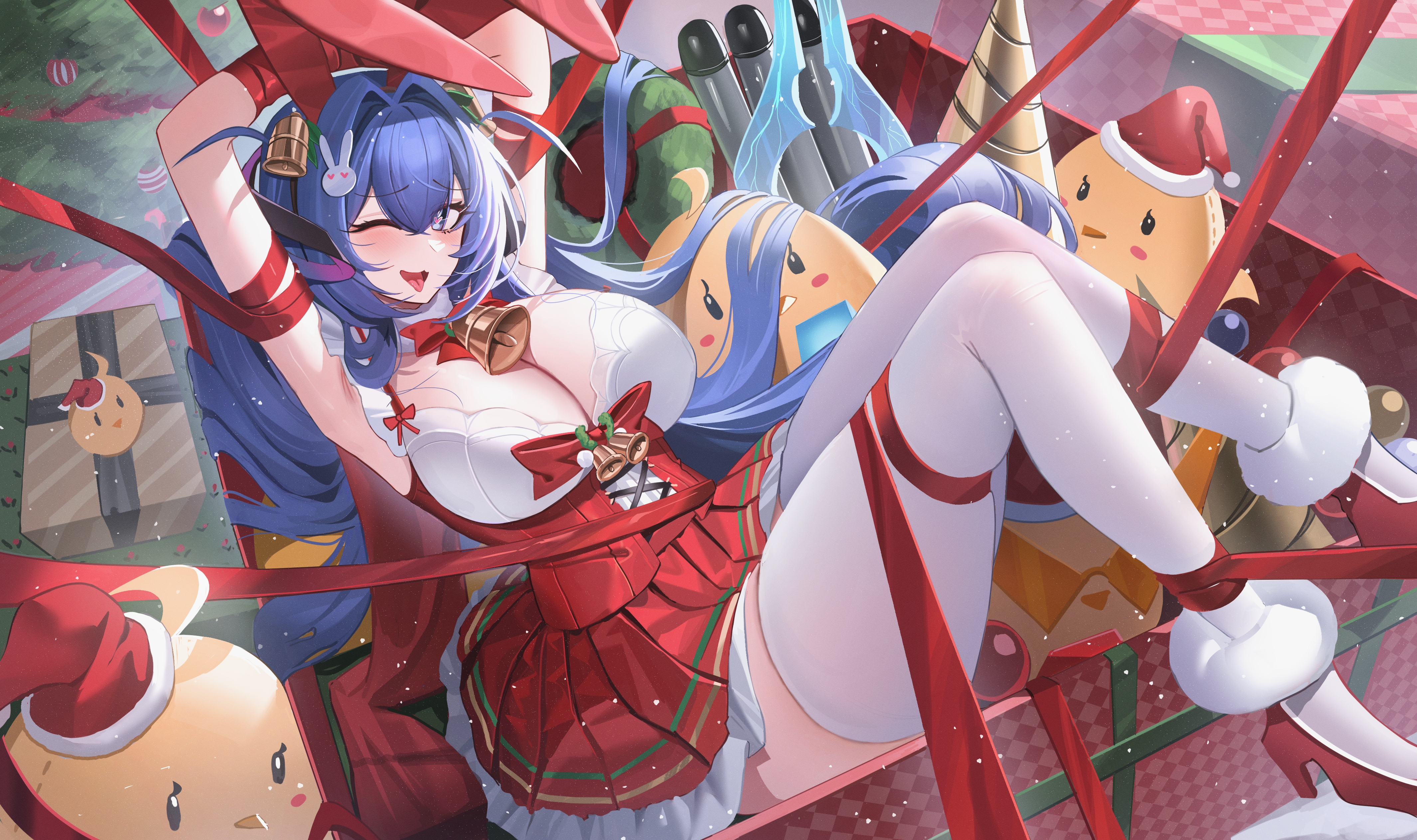 Anime 4260x2526 anime anime girls New Jersey (Azur Lane) Azur Lane one eye closed hair between eyes smiling open mouth tongue out looking at viewer tongues red ribbon Skindentation stockings white stockings bent legs huge breasts cleavage arms up armpits hair ornament Christmas ornaments  bells Christmas red heels heels Christmas presents Manjuu (Azur Lane) frills skirt heart eyes blue hair blue eyes BDSM Jeze